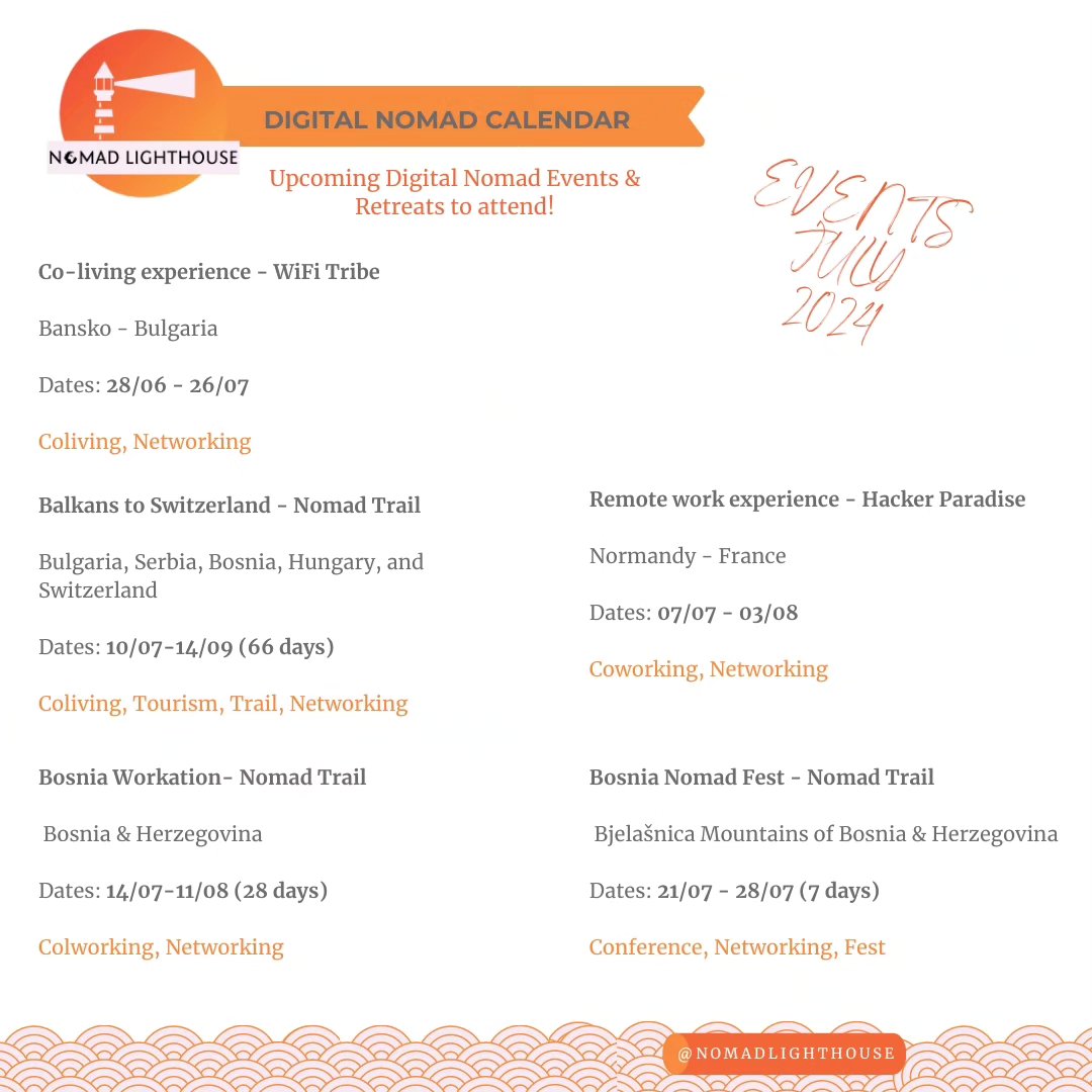 
🌍✈️ After an intense week in Bansko Nomad Fest, what's next? Check the next events happening this July! Inspiring events around the globe designed for remote workers and adventurers alike. Connect, learn, and explore with fellow nomads. Don't miss out! 📅
Next Events:
Co-living experience - WiFi Tribe
https://wifitribe.co/
Remote work experience - Hacker Paradise
https://www.hackerparadise.org/trips/normandy/
Balkans to Switzerland - Nomad Trail https://www.instagram.com/nomadtrail_europe
Bosnia Workation- Nomad Trail https://www.instagram.com/nomadtrail_europe
Bosnia Nomad fest – Nomad Trail https://nomads.insure/event/bosnia-nomad-fest-2024/
#DigitalNomad #RemoteWork #JulyEvents #TravelInspiration #ExploreTheWorld #NomadLife #nomadevents #nomadconference