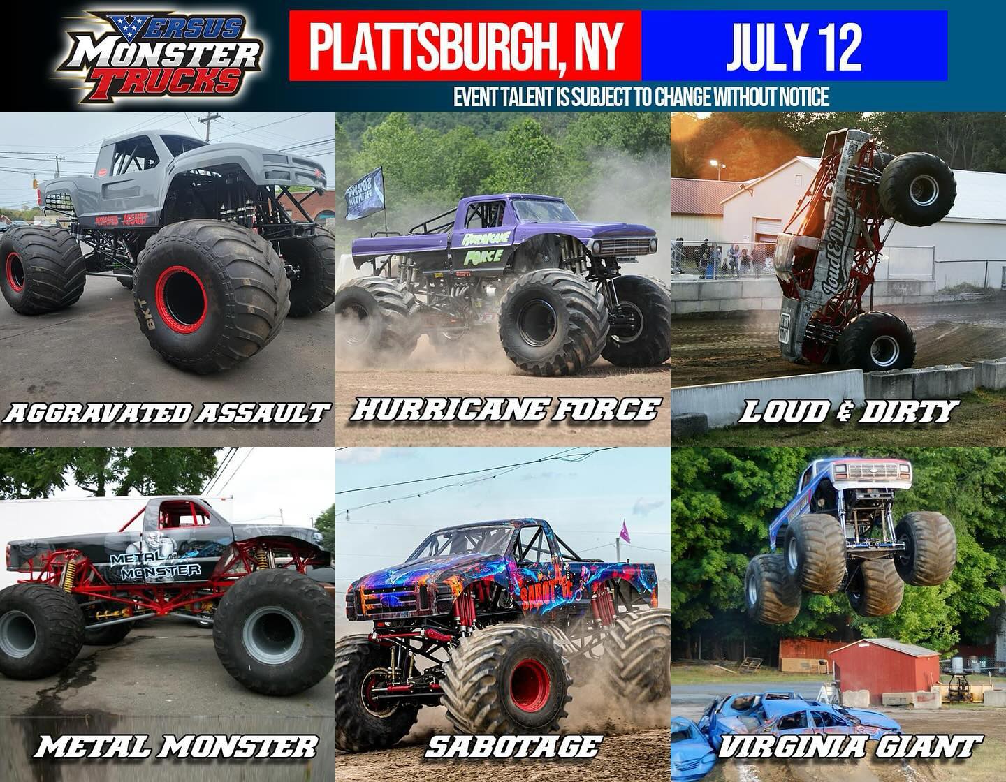 We have 6 pack of Monster Trucks this years fair July 12th! Tickets on sale now at www.ClintonCountyFair.com
#ClintonCountyFair #ClintonCounty #VersusMonsterTrucks #MonsterTrucks #SummerFun #Fair #Plattsburgh #Motorsports