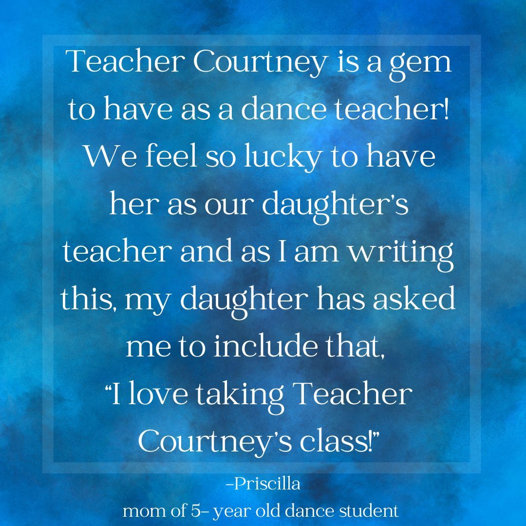 The long version from Priscilla (mom of 5-year old RammDance student):
My daughter has been taking ballet classes with Teacher Courtney for 1.5 years now. She has taken small group classes, large group classes, and currently takes private lessons.
Through all the classes, Courtney is consistently so positive and such a pleasure to have as a teacher. She is inspiring as a dancer since she herself is such an amazingly beautiful dancer, which I find important as a role model for my daughter.
But the thing that stands out above all else is her patience. In all of the classes we’ve participated in, whether private or group classes, Teacher Courtney is so incredibly patient! She allows the children to bring their own personalities to the class and is understanding of each child’s individual needs.
Teacher Courtney is a gem to have as a dance teacher! We feel so lucky to have her as our daughter’s teacher and as I am writing this, my daughter has asked me to include that, “I love taking Teacher Courtney’s class!”
Thank you, Teacher Courtney!
-Priscilla
.
.
.
.
#bayareadance #bayareakids #eastbaydance #rammdance #creativedance #kidsdance #creativemovement