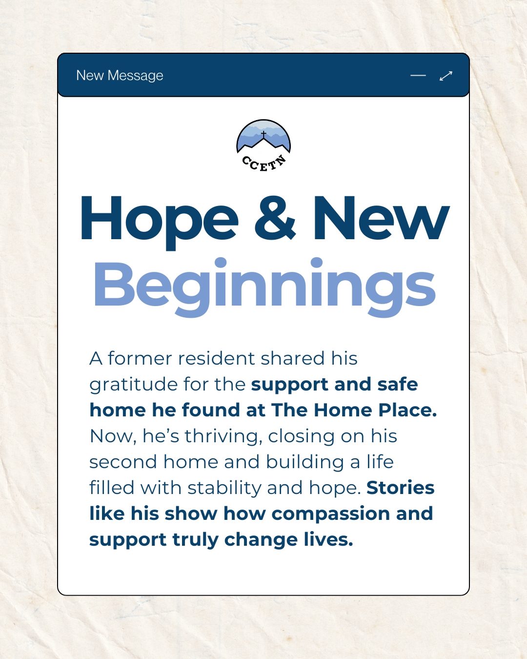 Catholic Charities of East Tennessee extends heartfelt gratitude to a former resident of The Home Place, who recently shared his journey toward stability and hope. Guided by faith and compassion, the organization walks alongside neighbors, offering healing, encouragement, and practical help to individuals in need. By working together, the community can continue creating waves of hope and brighter tomorrows for all.
Donate. Volunteer. Advocate.
#TheHomePlace #CatholicCharitiesETN #HopeInAction #NewBeginnings #CommunitySupport #Grateful