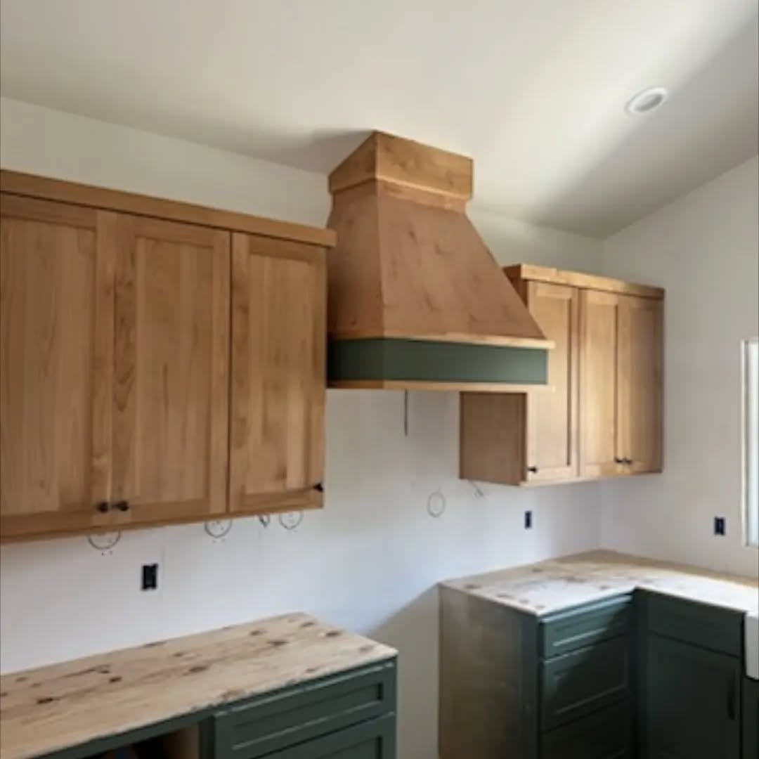 #alderwoodcabinets #custombuiltdesign #greenisindahouse #handcrafted hood #kitcheninthemaking