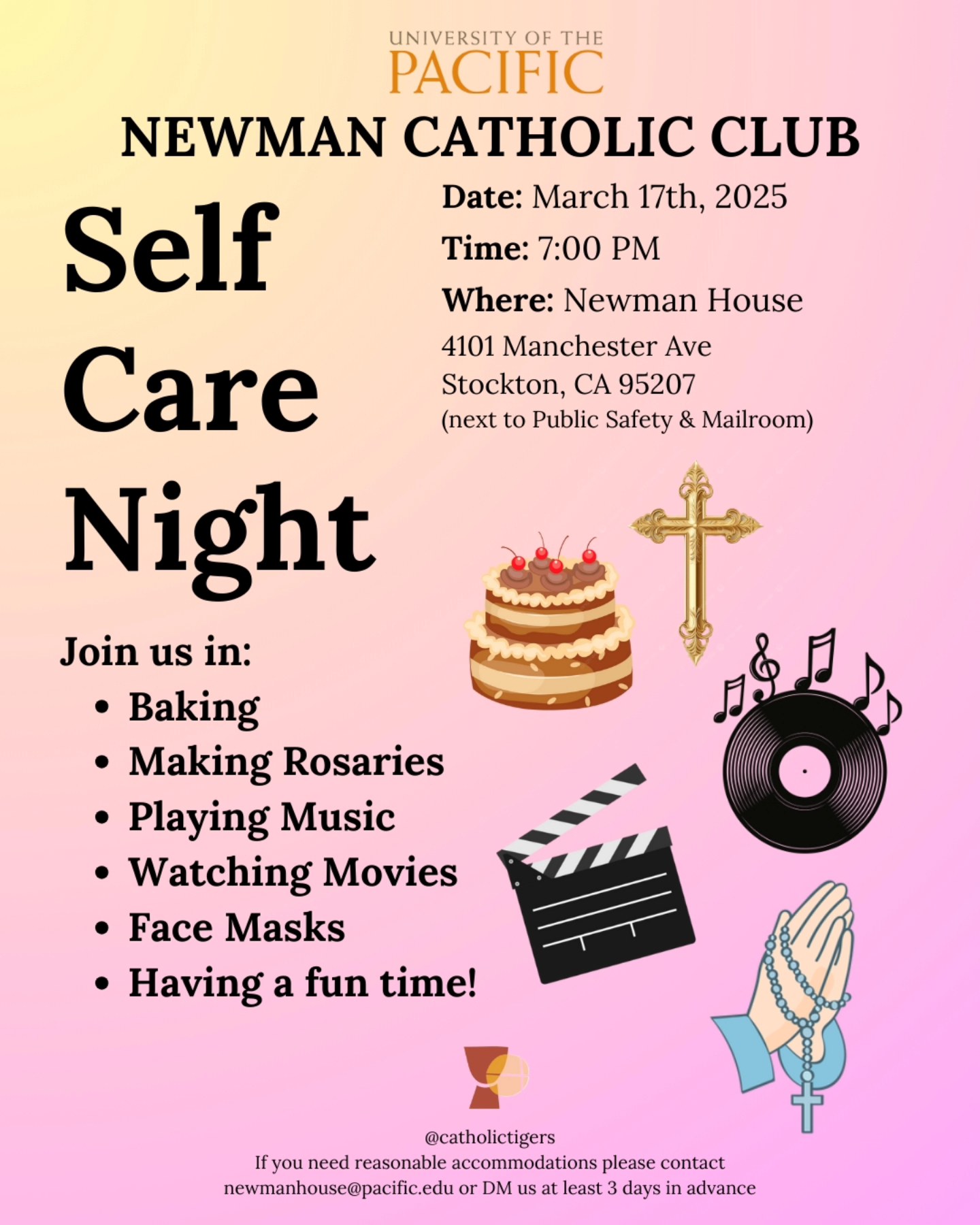 We hope you can come to our Self-Care night on Monday, March 17th at 7:00 pm in the Newman House!
Feel free to stay as long as you want ✨️