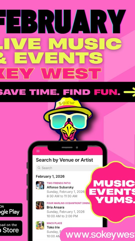 Hello February! 👋🏼 Looking for live music in Key West today?
The So Key West App makes it easy to find:
🎶 Key West live music schedules
📅 Daily music lineups by date
📍 Who’s playing at each bar & venue
🎤 Local artists performing across the island
🎉 Key West events happening today and all month long
🍺The best happy hours in town!
Instead of searching every bar’s page, you can see the full Key West live music schedule in one place — updated daily.
Whether you’re visiting Key West or you’re a local planning your night, you can:
✔️ Search live music by date, artist, venue
✔️ Explore new Key West musicians
✔️ Find events happening across the island
✔️Find discounts and happy hours
If you’re trying to figure out what’s happening in Key West today — start here. 📲
Download the So Key West App and discover live music and events all across Key West.
#KeyWestLiveMusic #KeyWestFlorida #KeyWestEvents #ThingsToDoInKeyWest #DuvalStreet