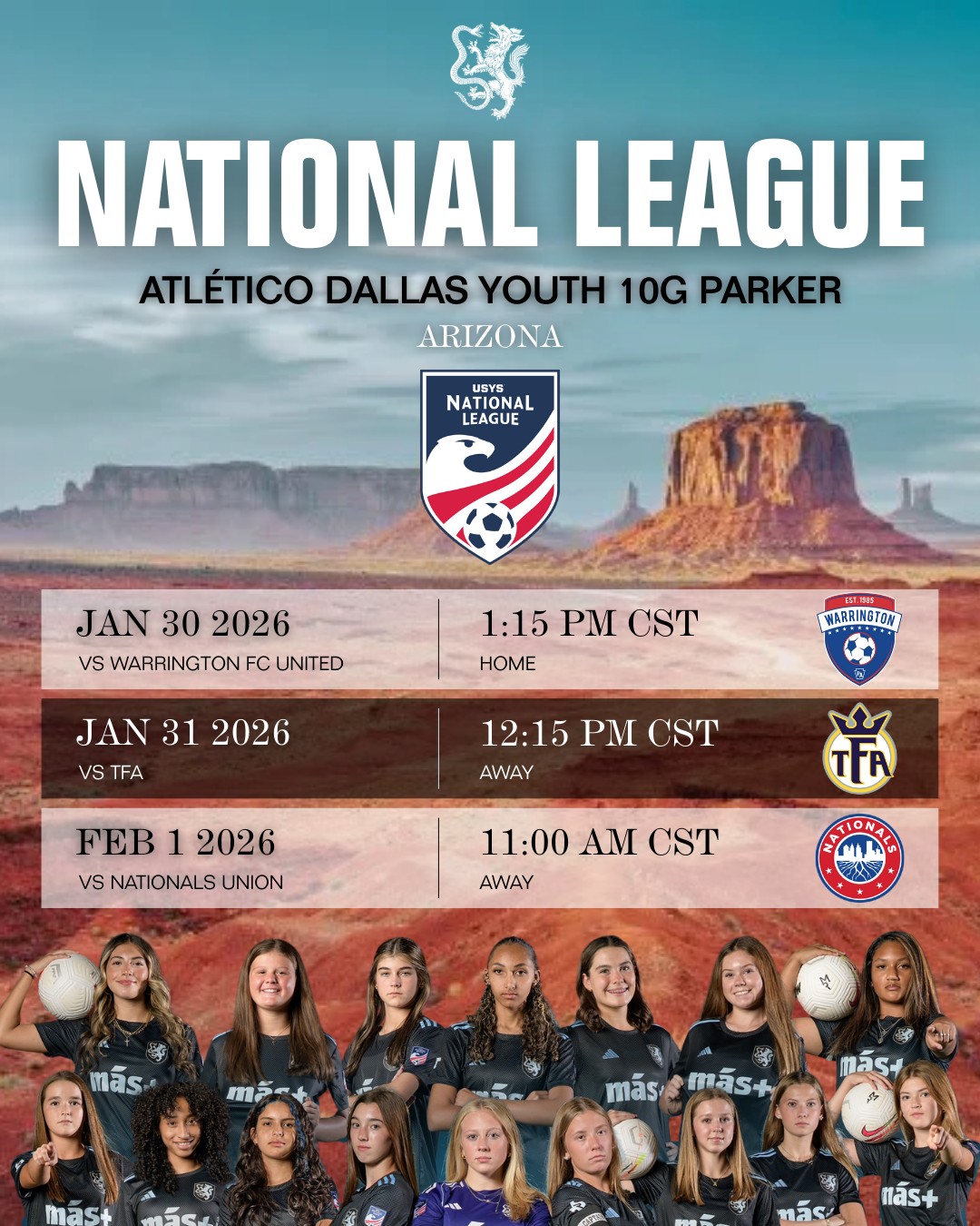Arizona bound 🌵⚽
Huge congrats to Atlético Dallas Youth 10G Parker on earning their spot at the USYS National League Event in Arizona! 🎉
Selected among teams from across the country, the girls will play three matches in three days against strong competition.
Best of luck to 10G Parker as they represent Atlético Dallas Youth on one of the biggest stages. 🩵