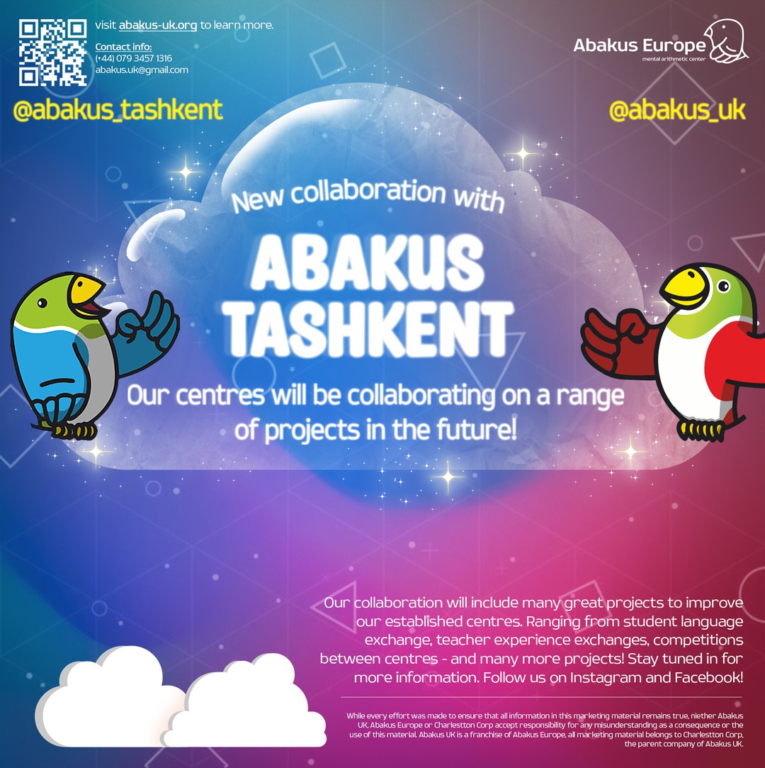 We're announcing our collaboration with @abakus_tashkent! We are planning many fun and interactive projects, exclusively for our students to participate!
Мы объявляем о сотрудничестве с @abakus_tashkent! Мы планируем много веселых и интерактивных проектов, исключительно для наших студентов!
Follow us for more. Like, Share and Subscribe for more news and announcements.
Ставьте лайки, делитесь и подписывайтесь, чтобы первыми увидеть новости и объявления.
#AbakusUK #Maths #AbakusEurope #Abacus #Arithmetic #education