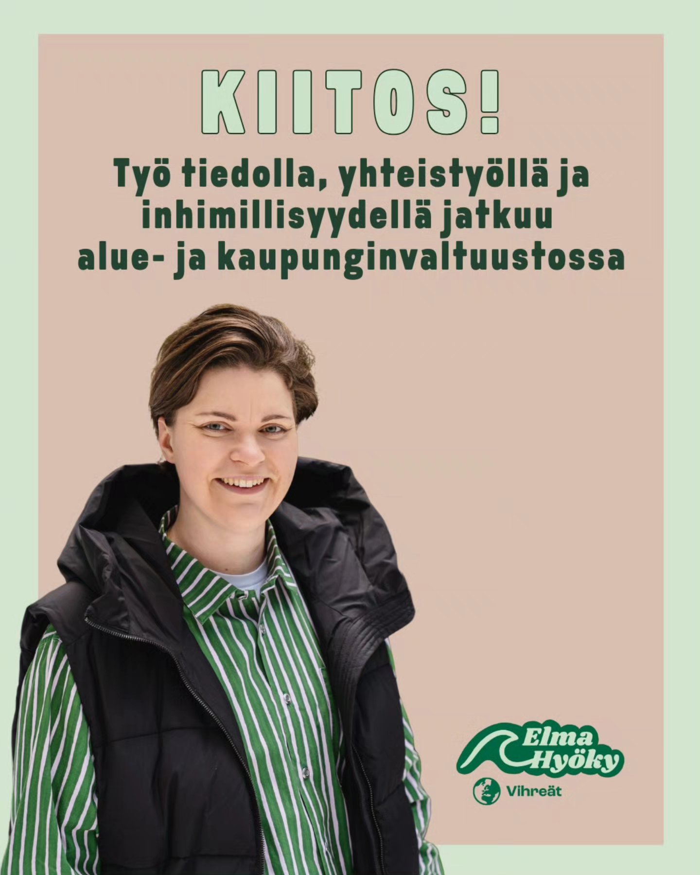 Kiitos luottamuksesta! 💚
Vaalit ovat nyt ohi, ja olo on kiitollinen – ja hieman väsynyt. Kampanjointi on ollut monella tapaa antoisaa: olen saanut käydä lukuisia keskusteluja, oppia uutta ja kohdata ihmisiä, jotka todella välittävät siitä mitä Keski-Suomelle ja Jyväskylälle kuuluu.
Sain 659 ääntä aluevaaleissa ja 415 ääntä kuntavaaleissa (lopulliset luvut varmistuvat myöhemmin viikolla), ja niiden myötä työ jatkuu molemmissa luottamustehtävissä. ✨
Haluan kiittää jokaista, joka pysähtyi juttelemaan, haastoi ajatuksiani, tuki kampanjaani tai antoi äänensä. Tämä ei ole yhden ihmisen projekti – tämä on meidän yhteinen juttu. Kiitos myös upeille kanssaehdokkaille, yli puoluerajojen - on ollut ilo kampanjoida teidän kanssa!
Nyt pieni hengähdys – ja sitten jälleen eteenpäin.
@jyvaskylanvihreat
@keskisuomenvihreat