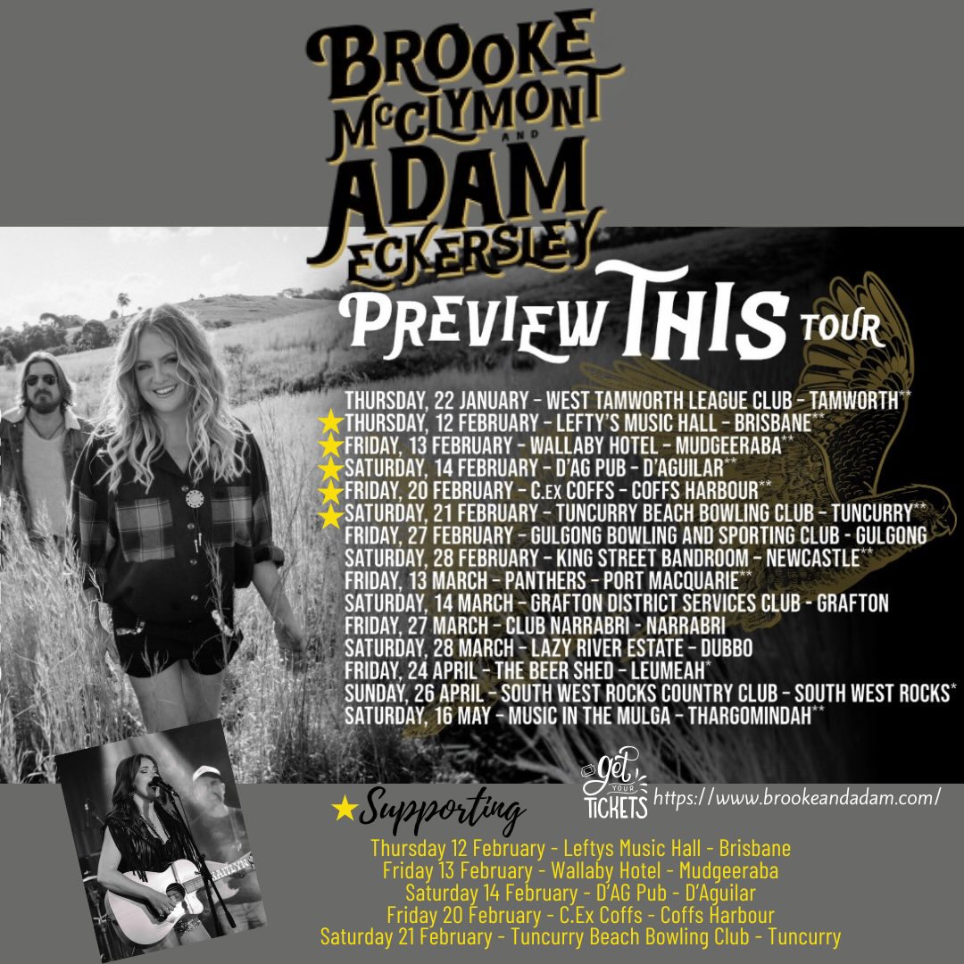 🚐🎸 Hitting the road with absolute legends! 🎸🚐
So excited to be joining Brooke McClymont & Adam Eckersley on the Preview This Tour — and trust me, you don’t want to miss this one.
✨ New music. New songs. Big vibes.
It’s going to be a hell of a good time!
🎟️ Grab your tickets now via 👉 www.brookeandadam.com
Catch me supporting on these dates:
📍 Thu 12 Feb – Lefty’s Music Hall, Brisbane
📍 Fri 13 Feb – Wallaby Hotel, Mudgeeraba
📍 Sat 14 Feb – D’Ag Pub, D’Aguilar
📍 Fri 20 Feb – C.ex Coffs, Coffs Harbour
📍 Sat 21 Feb – Tuncurry Beach Bowling Club, Tuncurry
Come sing, dance, and have a bloody great night 🎤✨
See you on the road!
@adamandbrookemusic @littlesparrowpr