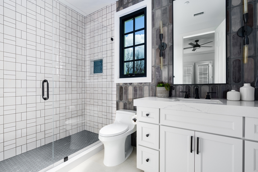 Dreamy bathroom vibes: new tile, sleek counters, ambient lighting, and upgraded plumbing for that daily dose of luxury. 🚽✨ #BathroomGoals