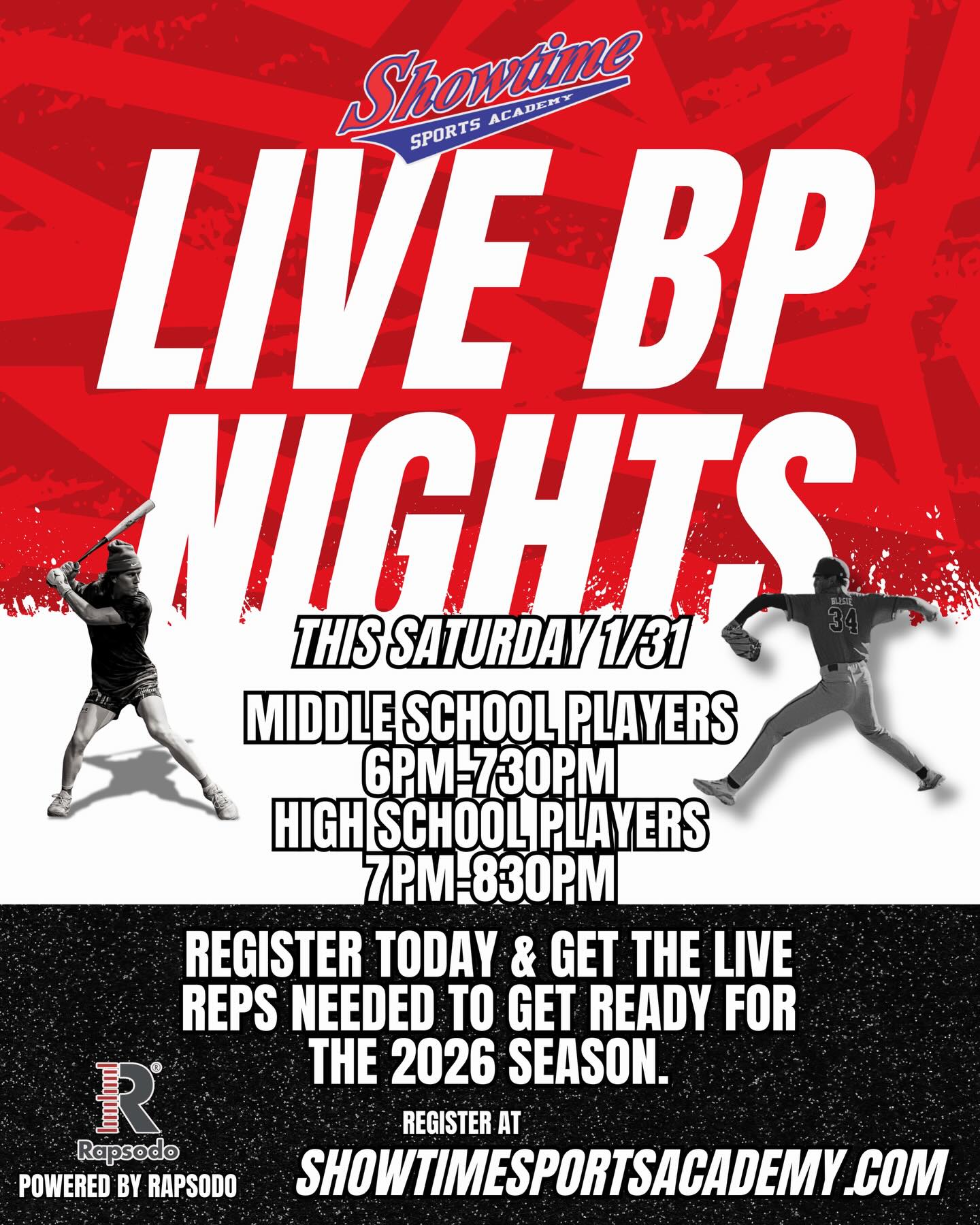 Live BP Nights tomorrow night at Showtime! Register and see live pitchers and live hitters to gain the competitive edge needed for opening day.