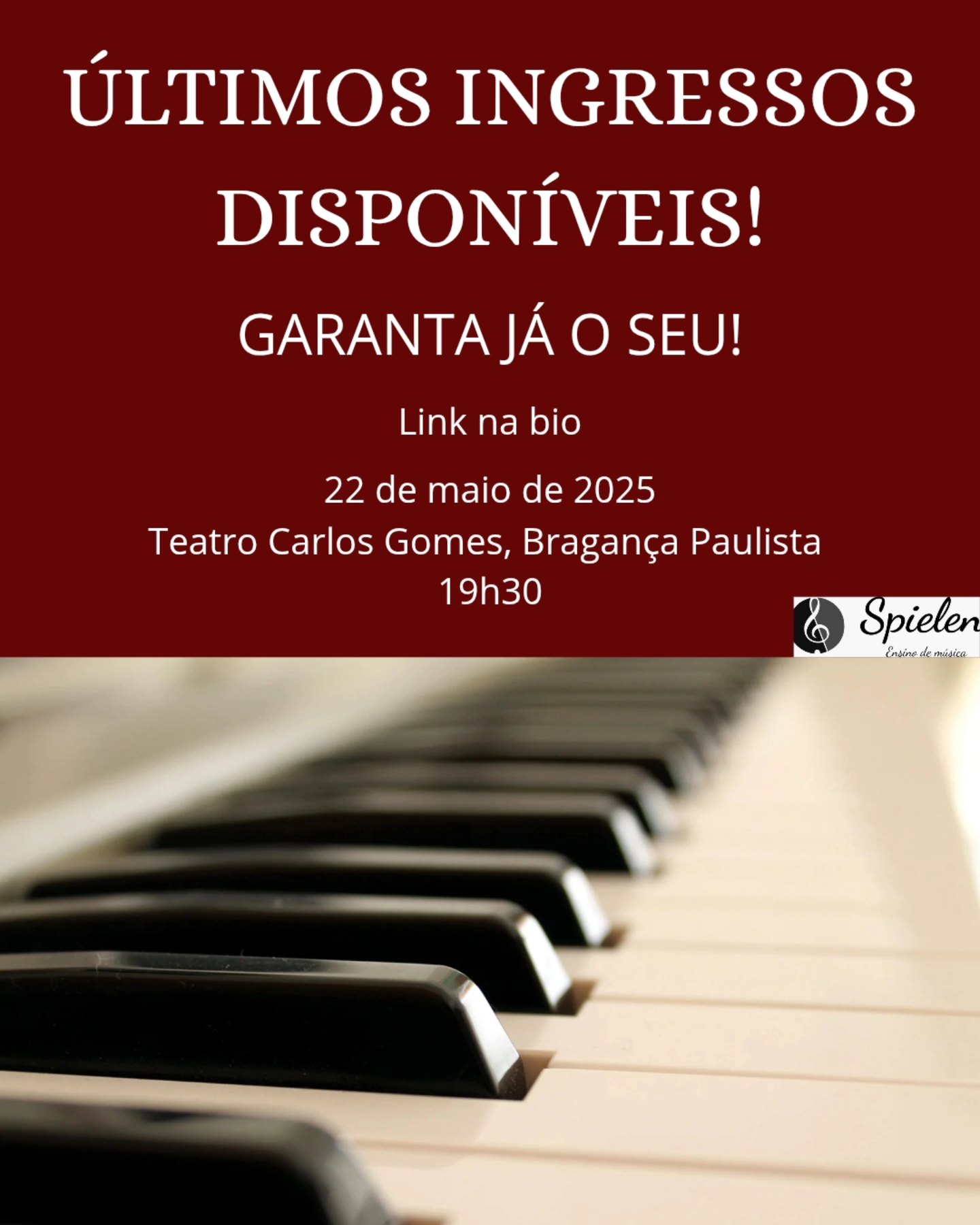 MÚSICA, EMOÇÃO E UMA NOVA CHANCE!
Ingressos extras liberados para o Recital!
Os ingressos esgotaram rapidinho… mas temos uma ótima novidade para quem ainda não conseguiu garantir o seu lugar:
Liberamos um número extra de ingressos gratuitos no Sympla E no Teatro Carlos Gomes!
Durante esta semana, você pode garantir o seu ingresso de duas formas:
1. Retirando presencialmente no Teatro Carlos Gomes, em Bragança Paulista
2. Reservando online pelo Sympla (link na bio)
Mas corra: os ingressos são limitados e estarão disponíveis apenas por tempo curto!
Será uma noite inesquecível, repleta de música, emoção e apresentações preparadas com muito carinho pelos nossos alunos.
Data: 22 de maio, às 19h
Local: Teatro Carlos Gomes – Bragança Paulista
Te esperamos para esse momento especial!