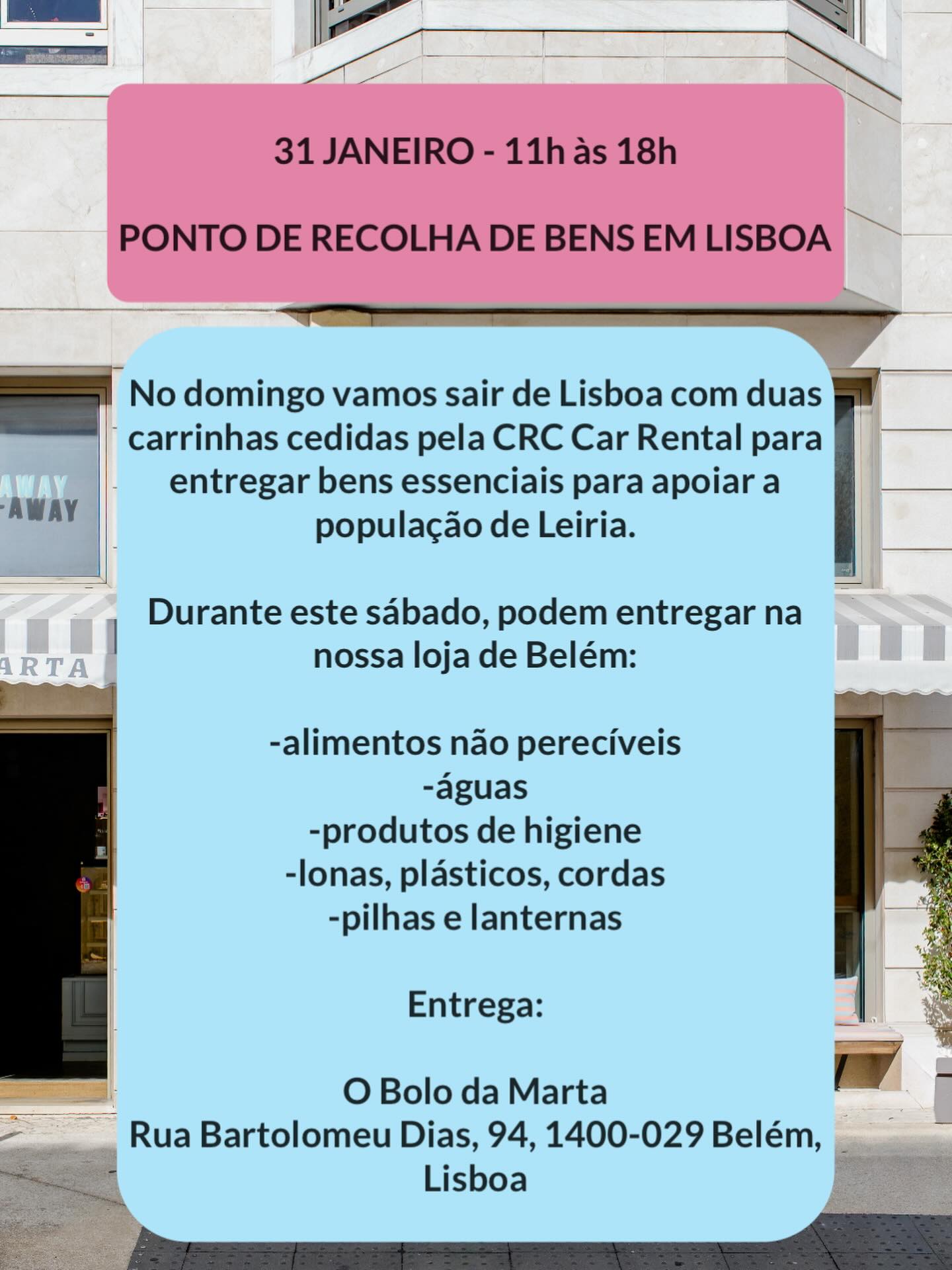‼️RECOLHA DE BENS AMANHÃ NA NOSSA LOJA DE BELÉM ENTRE AS 11h e as 18h‼️
A entrega vai ser feita na @caritas_leiria no domingo.