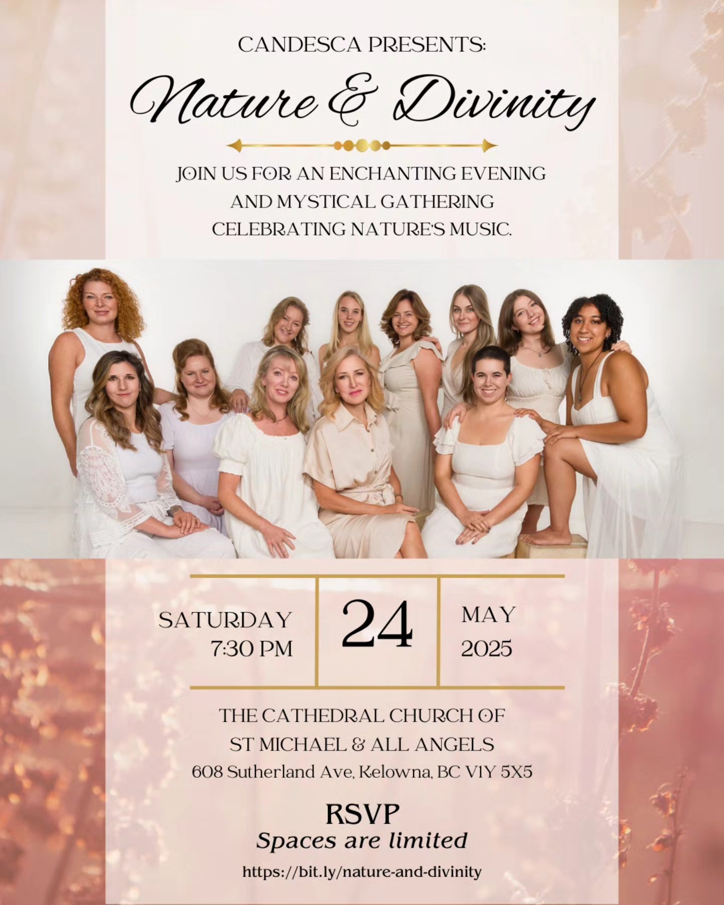 ✨You are invited to an evening celebrating Nature & Divinity with Candesca.
We are so excited to announce our Spring Concert taking place Saturday, May 24th at 7:30pm at The Cathedral Church of St Michael & All Angels.
Candesca will be performing an enchanting repertoire that will leave your hearts filled to the brim with wonder.
We are excited to see you there!
Tickets are available now on Eventbrite:
https://bit.ly/nature-and-divinity