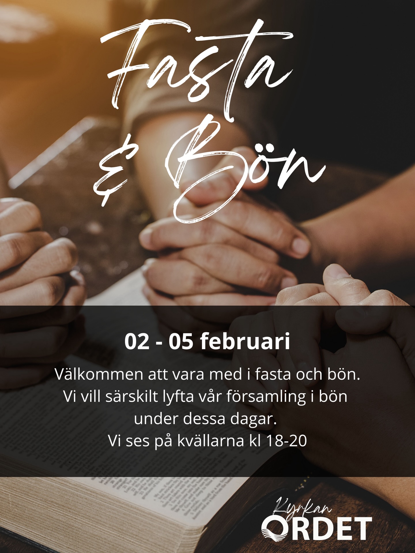 Idag börjar våra fasta- och böndagar!
”Därför fastade vi och bad vår Gud om hjälp, och han hörde vår bön.”
— Esra 8:23
Vi tror på kraft i bön och fasta och samlas varje kväll kl. 18–20 för gemensam bön.
Varmt välkommen att vara med 🙏