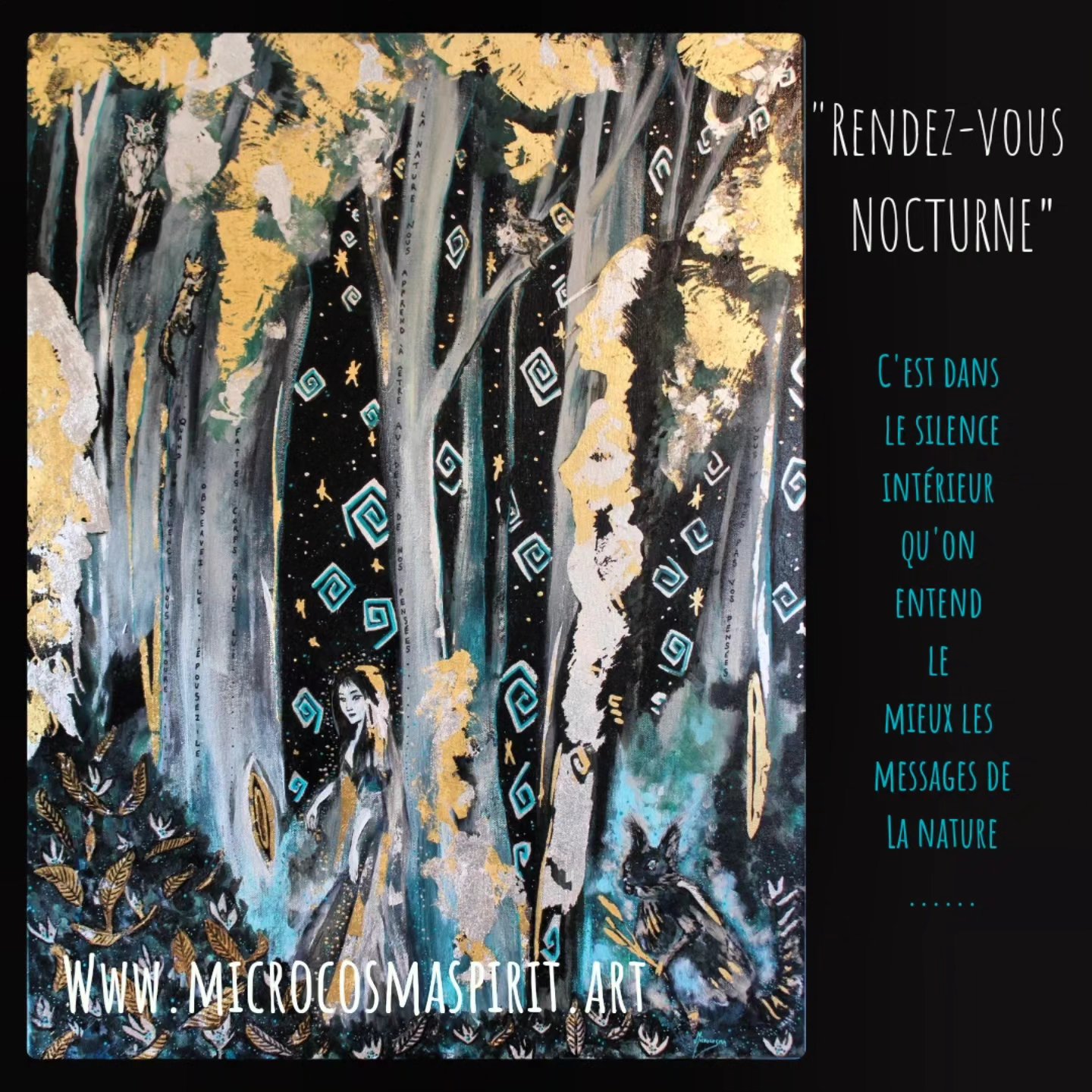 Mon tableau "Rendez-vous nocturne" est visible sur mon site www.microcosmaspirit.art rubrique "Portfolio/peintures"
Actuellement il est déjà réservé, si jamais il se libère je vous préviens bien sûr 😉
J'ai réalisé ce tableau en mixant plusieurs techniques: peinture acrylique, feutres posca, et collage de feuilles or et argent, le tout vernis bien sûr, sur une toile de 60x80 cm. Sans compter ma toile géante, c'est ma plus grande peinture à ce jour. Si elle vous a tapé dans l'œil, n'hésitez pas à me contacter pour une commande personnalisée, je ne ferai jamais deux fois la même chose mais je peux reproduire les mêmes effets de couleur et de matière, avec de nouveaux éléments, personnages ou animaux...
Pour le prochain, j'ai bien envie de dessiner un loup...
Vous l'avez (peut-être) compris, je veux pousser plus loin ce travail et cet univers bleu...
Ce doit être l'atmosphère d'Octobre qui commence à m'envahir! Qu'en pensez-vous ?
#artworklife #painting #peinture #nature #blue #illustratrice #onirisme #artspirit #feminineenergy