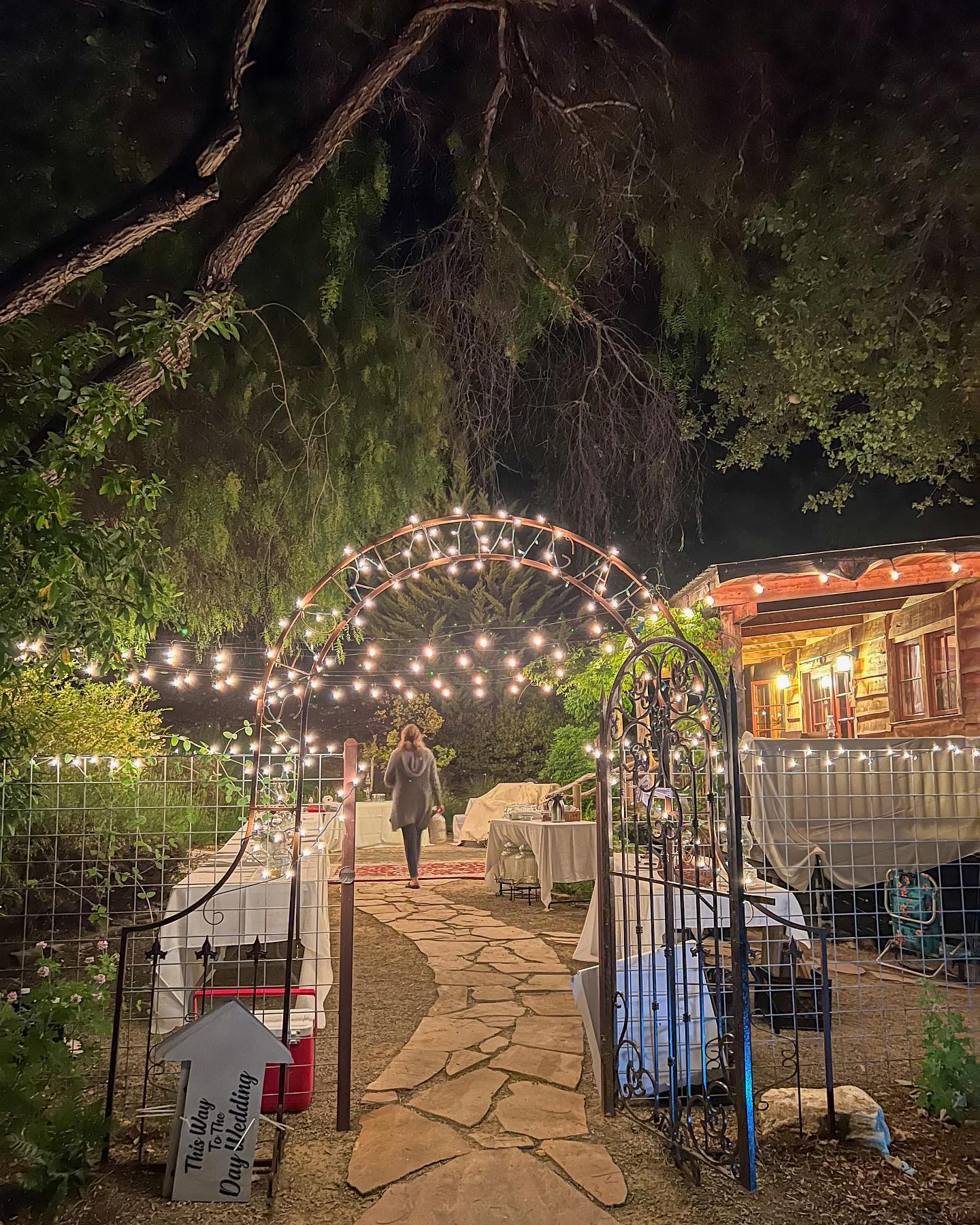 Celebration at the cabin. Nighttime lighting gives a magical feeling to the surroundings.