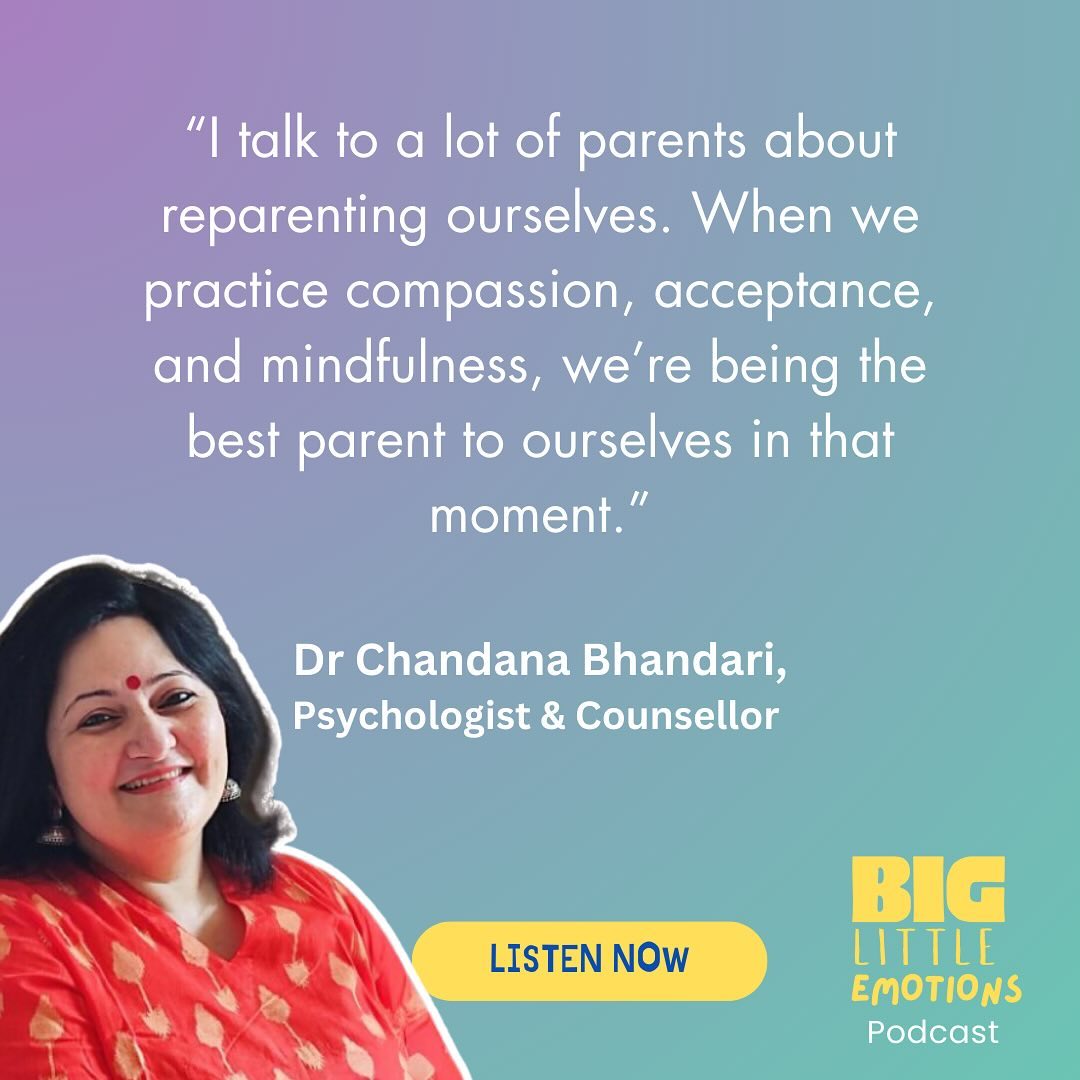 The parenting journey is also one where we are constantly rediscovering ourselves and uncovering our triggers. In episode 1 of #BigLittleEmotions #podcast, Dr Chandana talks about reparenting ourselves - what an eye opening statement! Watch the full episode on YouTube or podcast channel of your choice. #parenting #toddlerparent #triggers #innerchild #calmkids