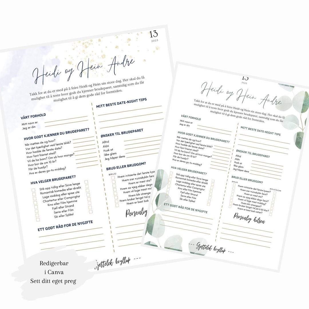 🤍 Redigerbar selskapslek til bryllup
👩🏼❤️👨🏼👩🏼❤️👩🏼👨🏼❤️👨🏼
Teksten tilpasses til hvert enkelt brudepar og punktene kan byttes ut slik at arket er mest mulig personlig. Alt av tekst kan endres, inkludert motiver, font, farge på tekst, plassering, størrelse o.l.
En morsom lek for gjestene i selskapet, og er en perfekt aktivitet å ha tilgjengelig mellom kirken og festen 🌸
Innhold:
Hvor godt kjenner du brudeparet?
Brud eller brudgom?
Gode råd for brudeparet
Hva velger brudeparet?
Personlig hilsen
Beste date-night ide
Send meg en melding hvis du ønsker en annen farge eller oppsett!
#bryllup #spådomsark #brudogbrudgom #brudogbrud #brudgomogbrudgom