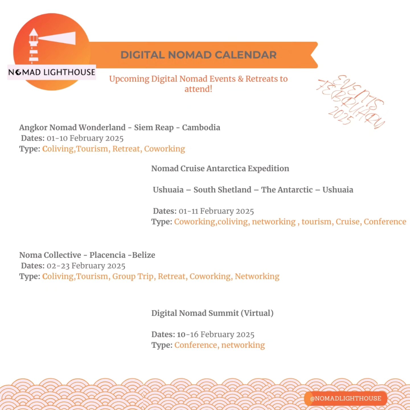 🌍✨ February 2025 Digital Nomad Events Calendar is Here! ✨🌍
Looking for your next adventure? 🧳💻 Nomad Lighthouse has curated the best digital nomad events for February 2025 to help you find your next destination! From networking meetups to co-living retreats, stay ahead of the game and connect with like-minded travelers. 🚀🌏
📅 Check out the full calendar now!
🔗 Follow us on Instagram & visit our website for updates!
Let's grow our #DigitalNomadCommunity together! 🌟
#DigitalNomad #NomadEvents #RemoteWorkLife #TravelAndWork #WorkAnywhere #FreelancerLife #CoworkingSpaces #DigitalNomadLifestyle #WorkFromAnywhere #NomadLife
Angkor Nomad Wonderland - Siem Reap – Cambodia
https://nomadsinwonderlands.com/
Noma Collective Belize
https://coworkations.com/noma-collective
Nomad Cruise Antarctica Expedition
https://www.nomadcruise.com/antarctica
Digital Nomad Summit (Virtual)
https://www.nomad-summit.com/