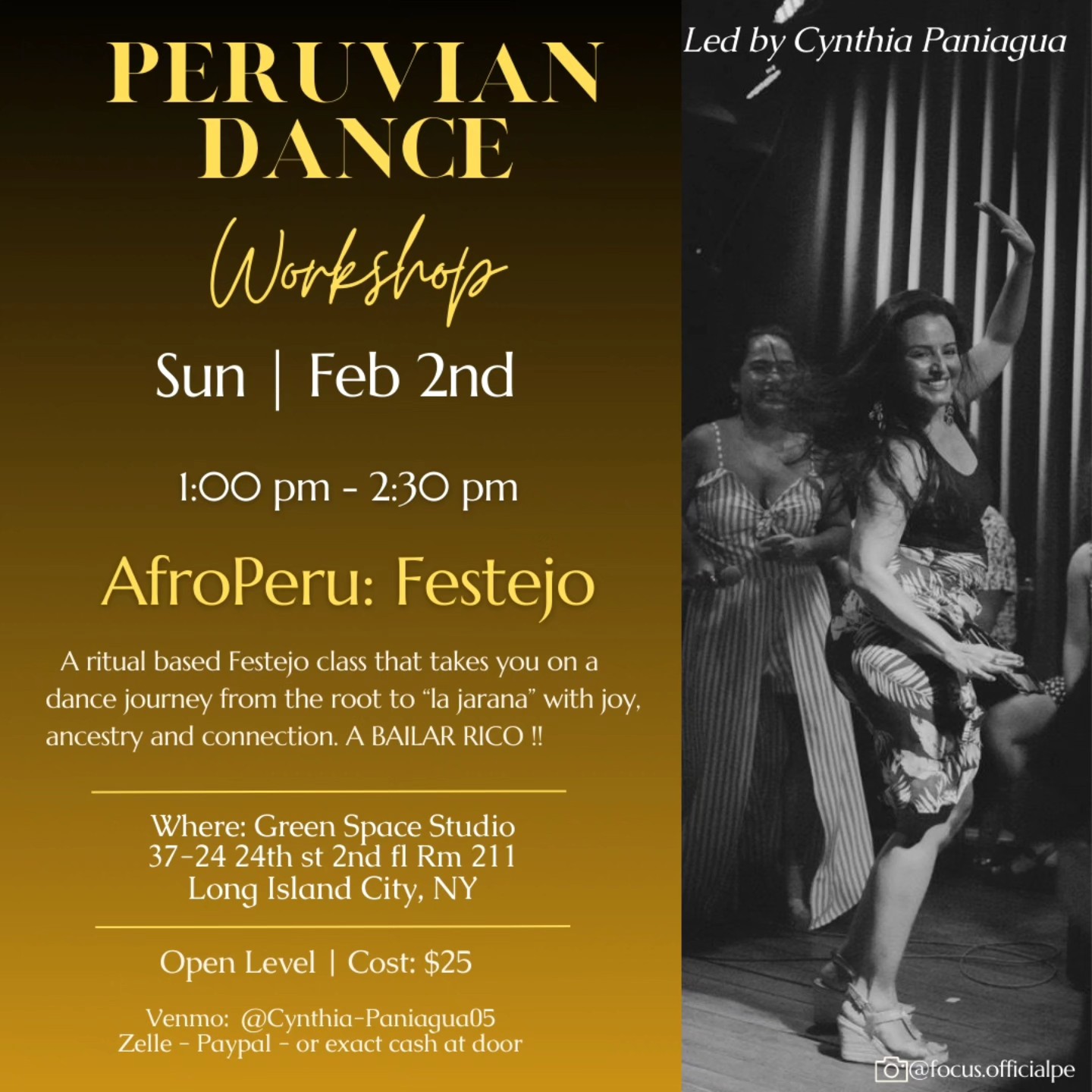 A BAILAR SE HA DICHO! I'm soooo excited to teach Festejo en mi 'Nuevayol' right after I return from Peru. Im bringin the fuego, and Peruvian summer vibes into this class, ya saben. If you're ready to dance with connection, joy, and ancestry, this is the place to BE 🇵🇪💃🏽💯🔥iykyk
🇵🇪✨️When: Sunday FEB 2nd from 1:00pm - 2:30 pm
🇵🇪✨️Where: Green Space Studio @greenspacestudioorg
37- 24 24th st 2nd fl Rm 211, Long Island City NY
✅️ Cost: $25
✅️ Payment: venmo cynthia-paniagua05
Zelle, paypal or exact cash amount at the door
💃🏽🔥💯 Bring: The desire to activate your body, mind, spirit with joy. This is an open class that will work through Festejo styles from the traditional to 'la jarana'. All levels are welcome from beginner to advanced. I love pushing my students to their highest potential in a non competitive environment so we could really dance con todoooo. A bailar!
📸: @focus.officialpe
*Gracias por capturar este momento
To learn more about my experience and lifelong dance dedication visit: cynthiapaniagua.com 🌻🇵🇪💃🏽
#peruviandance #festejodanceclass #kaypachadance #afroperuviandance #soyperurican #dancingmypurpose
#vamospaya #aseguirbailando #teamoperu #peruviansinthediaspora #festejo