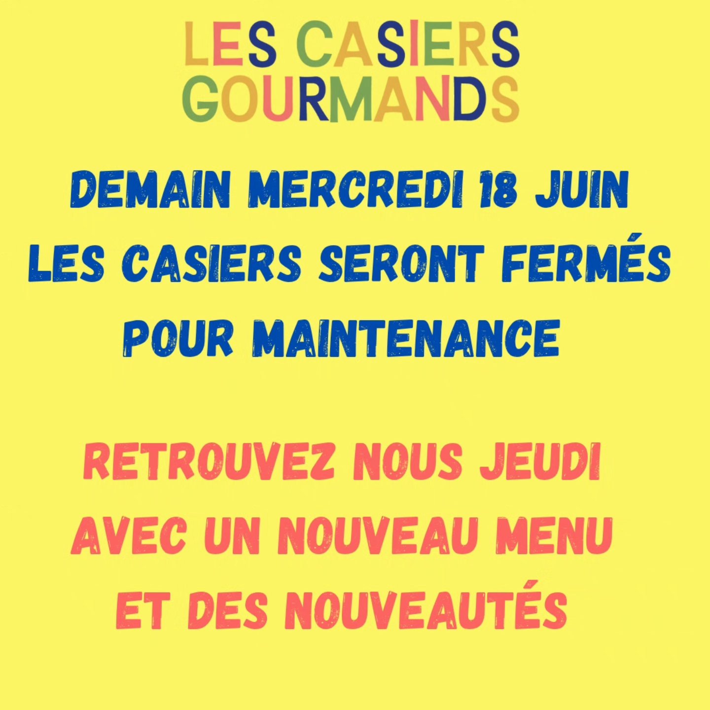 Demain nous serons exceptionnellement fermés Les Casiers se refont une petite beauté pour vous proposer des nouveautés.
Nous serons de retour Jeudi avec un nouveau Menu.