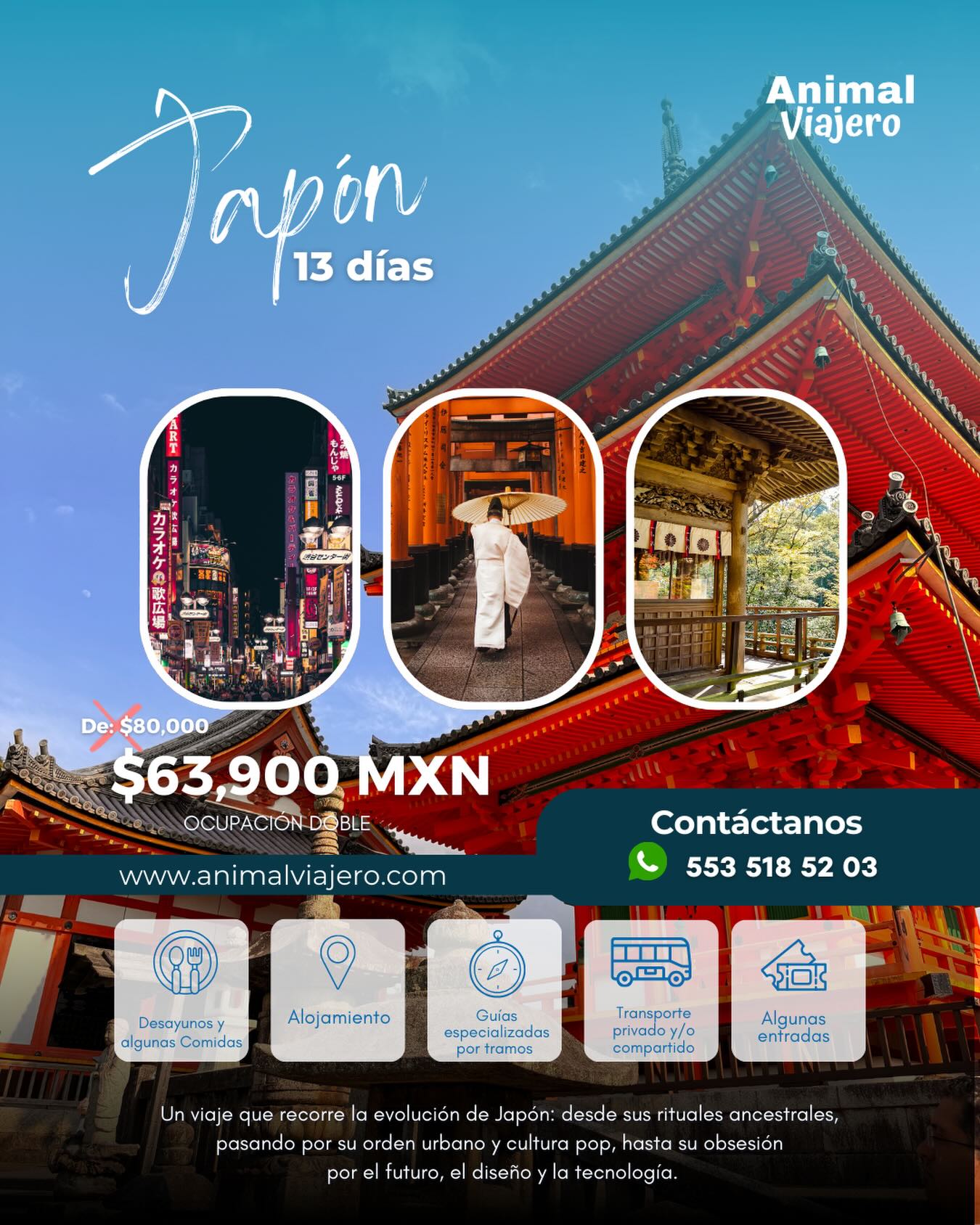 Este viaje está diseñado para que vivas lo mejor de Japón sin preocupaciones, con un recorrido equilibrado entre historia, modernidad y experiencias auténticas. 🇯🇵
🎎Camina entre templos y santuarios, recorre barrios icónicos, disfruta su gastronomía y déjate maravillar por su orden, su tecnología y su estilo de vida.
No es solo un viaje, es una experiencia que recordarás toda la vida.
📲 Contáctanos hoy y asegura tu lugar
✈️ Japón te espera… viaja con nosotros y vívelo al máximo.
#japon #viajesajapon #animalviajero #japonstyle #agenciadeviajesméxico