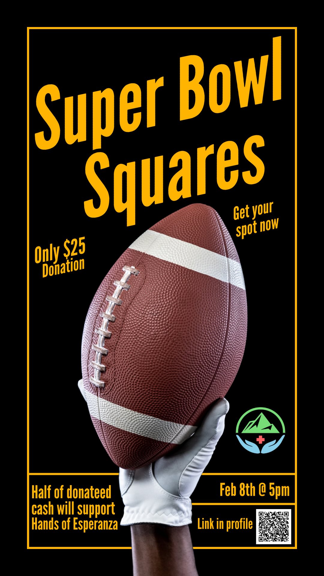 | Link in profile | Whether you’re rooting for your favorite team or just here for the halftime show and snacks, come join our virtual event on Sunday, February 8th, for our Super Bowl Squares Fundraiser! get your square before 5pm EST on game day! This virtual event supports Hands of Esperanza and our mission to build the second floor of a medical clinic in Alta Verapaz, Guatemala. Let’s have some fun for a great cause! #SuperBowl #Fundraiser #HandsOfEsperanza#nonprofit #spreadtheword