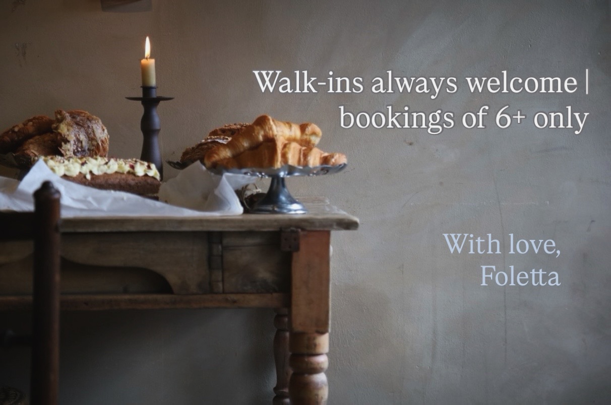 Just a reminder: we’re walk-ins only, with bookings for groups of 6+ 🤎
As a small family-run team, we can’t always reply immediately - but we almost always manage to fit all our lovely customers who arrive in 🍷
For larger bookings or private hire, ➡️visit our website or email info@foletta.co.uk
With (lots of) love, Foletta