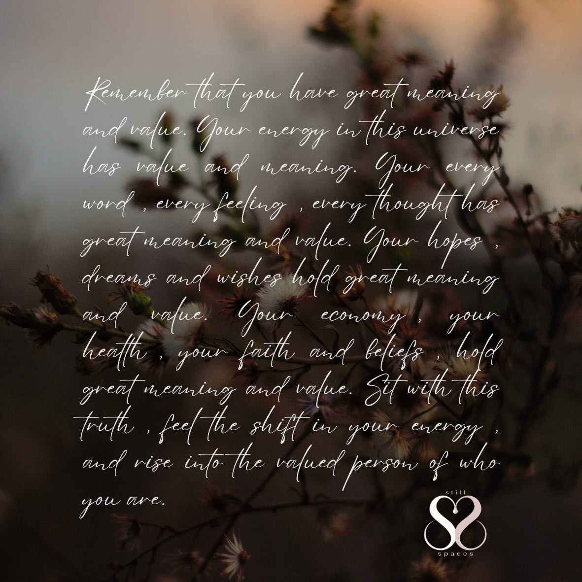 Remember that you have great meaning and value. Your energy in this universe has value and meaning. Your every word, every feeling, every thought has great meaning and value. Your hopes, dreams and wishes hold great meaning and value. Your economy, your health, your faith and beliefs, hold great meaning and value. Sit with this truth, feel the shift in your energy, and rise into the valued person of who you are.
Practice- Every morning for one month upon waking remind yourself that you have meaning and value. Allow the list to grow, include your body, your bones, your organs, move outwards to include your life, friends, job. If someone hurts you, puts you down, remind yourself that you have meaning and value. Step into your worth and begin to shine the light you already are 💕🫶🏻💕 #stillspaces_ #selflove #selfworth
