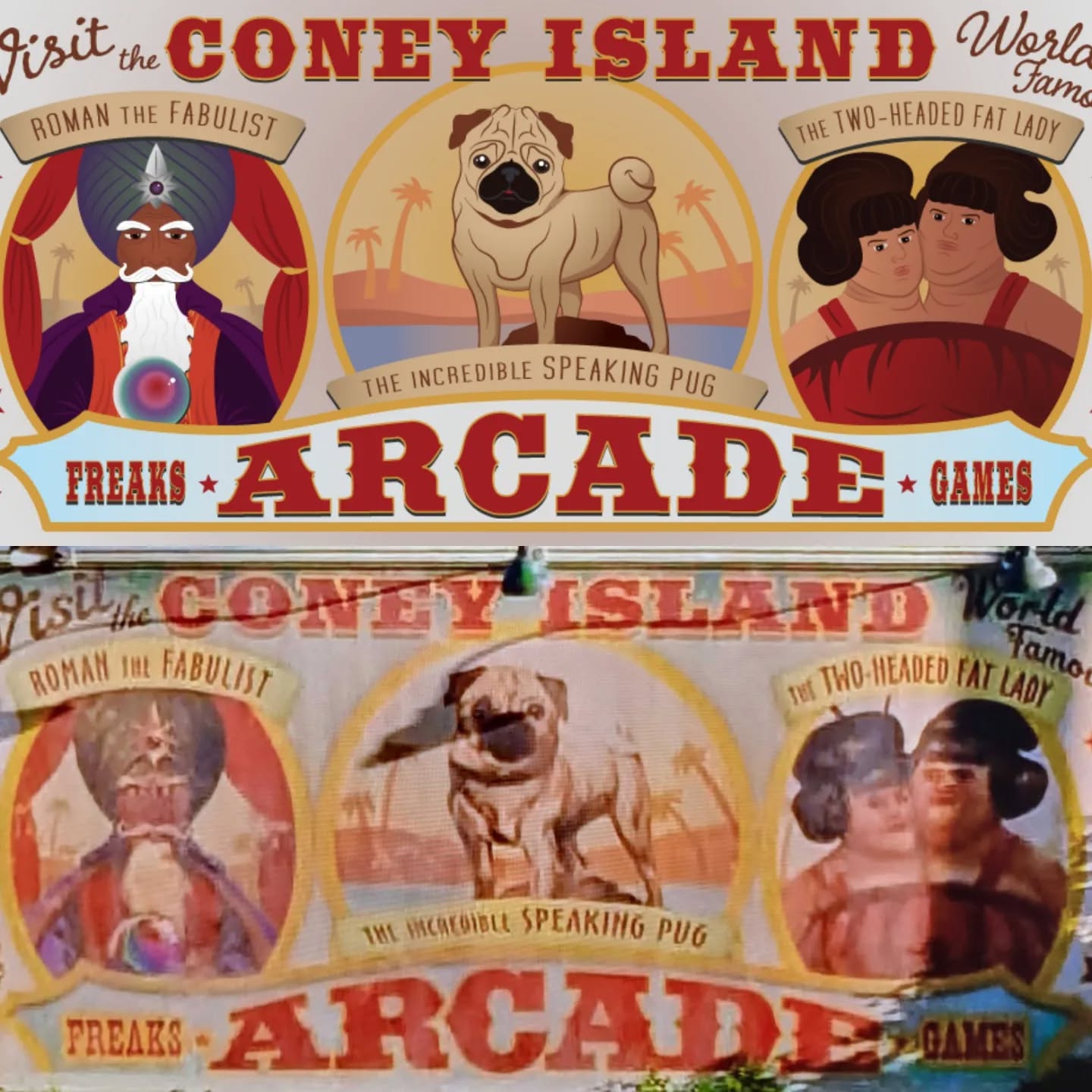 I've loved this billboard since the first time I saw #MIB3 10yrs ago. Never found anything online better than the crappy screenshots, so I finally re-imagined it in #Illustrator. #FrankThePug #MenInBlack #ConeyIsland @meninblack