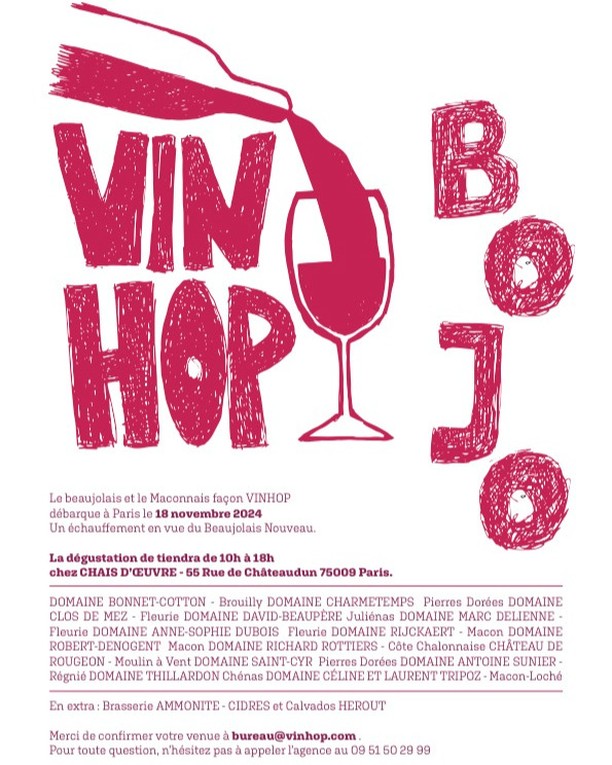 Le lundi 18 novembre, VinHOP fait venir les vignerons du Beaujolais et du Mâconnais pour une dégustation à l'image de la région, haute en couleur !
La dégustation se tiendra chez Chais D'oeuvre au 55 rue de chateaudun de 10H à 18H00
Vous pouvez confirmer votre venue à bureau@vinhop.com.
@antoine.sunier
@charmetemps_
@bonnetcotton
@vinsrijckaert
@paulhenrithillardon
@domaine_marc_delienne
@annesophiefleurie
@raph_domainestcyr
@domaine_david_beaupere
@richardrottiers
@domainerobertdenogent
@domainetripoz
@chateauderougeon
@clos_de_mez
@maisonherout
@ammonite_fr