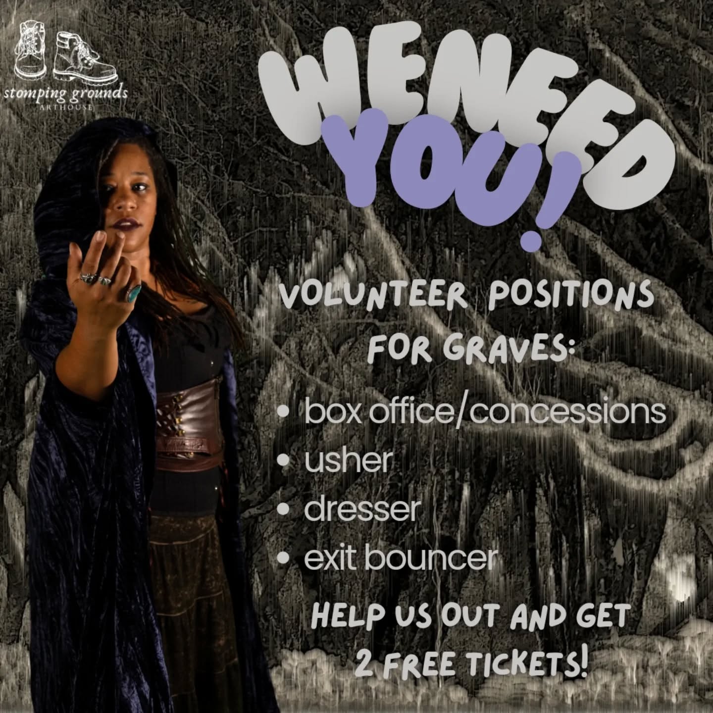 Wanna get more involved in our community AND get two free tickets to "Graves??" Volunteer with us!!
We are looking for 4 volunteers at each show:
• box office/concessions
• usher
• dresser
• exit bouncer
Interested?? Hit that link in our bio to fill out the volunteer form!