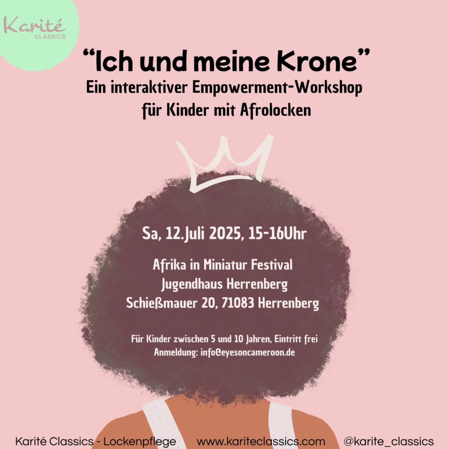 Diesen Samstag (12.07.) sind wir mit einem Empowement-Workshop für Kinder in Herrenberg🥳 Zielgruppe sind Schwarze, afrodiasporische, afrodeutsche Kinder, ab 5 Jahren. Die Teilnahme ist kostenfrei. Voranmeldung über info@eyesoncameroon.de. Wir freuen uns auf euch!❤️
"Ich und meine Krone" 👑✨️
In diesem Empowerment-Workshop lernen Kinder mit Afrolocken „ihre Krone“ mit Stolz zu tragen. In einem Sicheren Raum stehen ihre Erfahrungen und Perspektiven im Mittelpunkt. Durch „lockige“ Geschichten, kreative Übungen und stärkende Gespräche entdecken die Kinder ihre Schönheit und Stärke – für mehr Selbstbewusstsein, Stolz und Sichtbarkeit. Jungen und Mädchen sind gleichermaßen willkommen!
#kommtvorbei #herrenberg #saferspace #kinderempowerment #kinderworkshop #jugendhausherrenberg #karitekids #antirassismus #lockenpflege #lockenliebe #afrohaare #afrolocken #sensibilisierung #locken