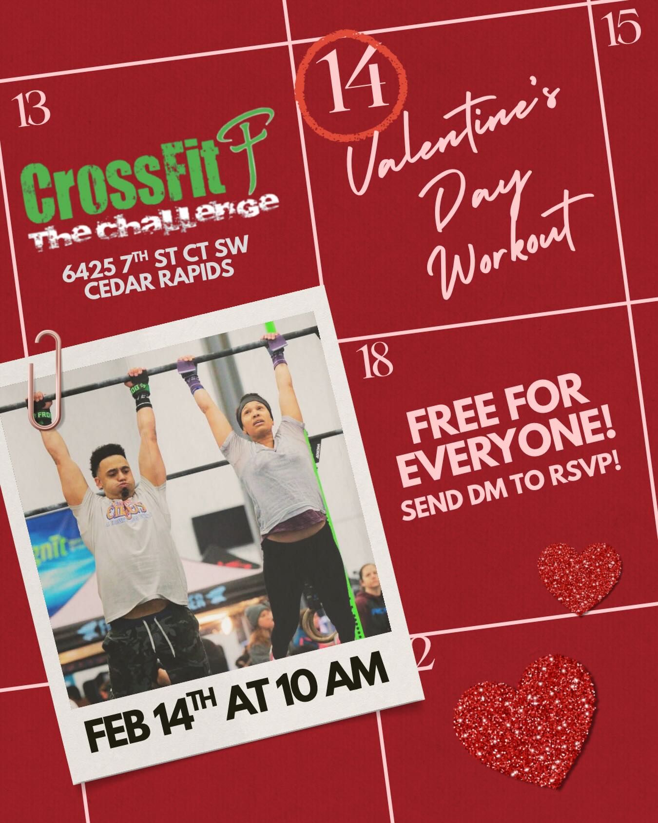 ❤️ Valentine’s Day Date… but make it FUN + HEALTHY 💪
Looking for something different to do with your person this Valentine’s Day? Skip the crowded restaurants and come sweat together!
CrossFit the Challenge is hosting a FREE Valentine’s Day workout for couples 🥰
✔️ Open to everyone (you do not need to be a member)
✔️ All ability levels welcome — workouts are fully scalable
✔️ Laugh, move, encourage each other, and do something good for your bodies
It’s the perfect way to:
❤️ Invest in your relationship
💥 Try something new together
🏋️♀️ Be active instead of just eating candy
📅 February 14th
⏰ 10:00 AM
📍 CrossFit the Challenge
DM us to RSVP — grab your spouse, significant other, bestie, or workout crush and join us! 💌🔥