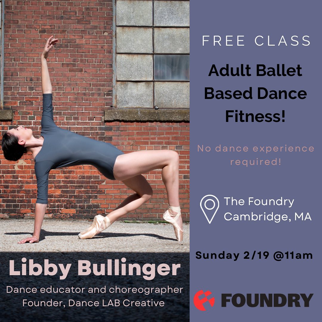Looking for a weekend workout? Come take a Sunday class with Libby at the @cambridgefoundry Family Festival week. This workshop class combines the ballet basics with functional fitness in an energetic and informational environment.
Best of all, it’s FREE and OPEN TO ALL!!! Hope to see you this weekend⭐️⭐️
