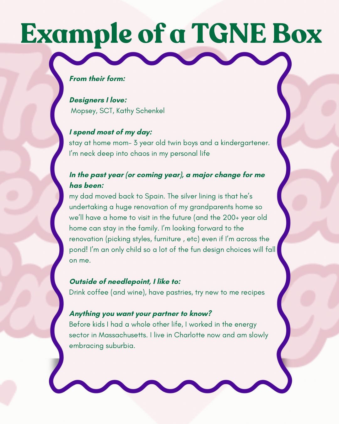 Example #2: here’s a real life example (shared with permission) for some ideas for your partner! Sometimes, the perfect canvas is the way to go, even when it comes with a hefty price tag. When that happens, fill in with extra personal touches and thoughtful additions.
The Great Needlepoint Exchange for needlepointers of all levels. Registration for 2026 is now closed. The best way to be in the know is to sign up for the Bateswood Needlepoint newsletter at bateswoodneedlepoint.com.