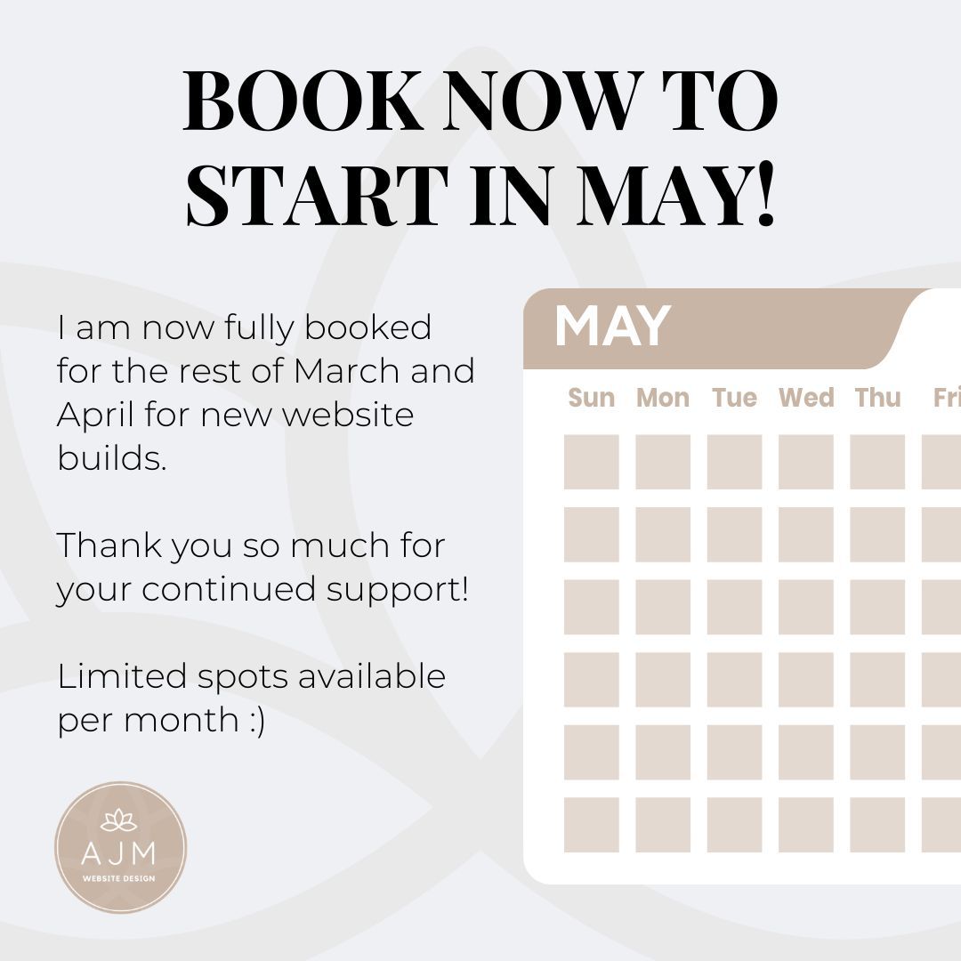 Thank you so much to everyone who has supported me so far! ✨
I am so grateful to say that I am fully booked for March and April for new website builds. I will now be taking bookings for May. Please do get in touch if you are looking to start before then as there are parts of the website build that we can still be working on together before the build starts, for example, sitemap and content.
And also, I still have availability for smaller projects before May such as website updates and small website revamps.
Get in touch to see if I can help you with your website projects on 07747478613 📲
#WebsiteDesign #WebsiteDesigner #Wix #WixWebsites #FridayFeeling #SoGrateful #SmallBusiness #InternationalWomensDay #WomenInBusiness #MumsInMarketing #MumsInBusiness #SmallBusinessSurrey #SurreySmallBusiness