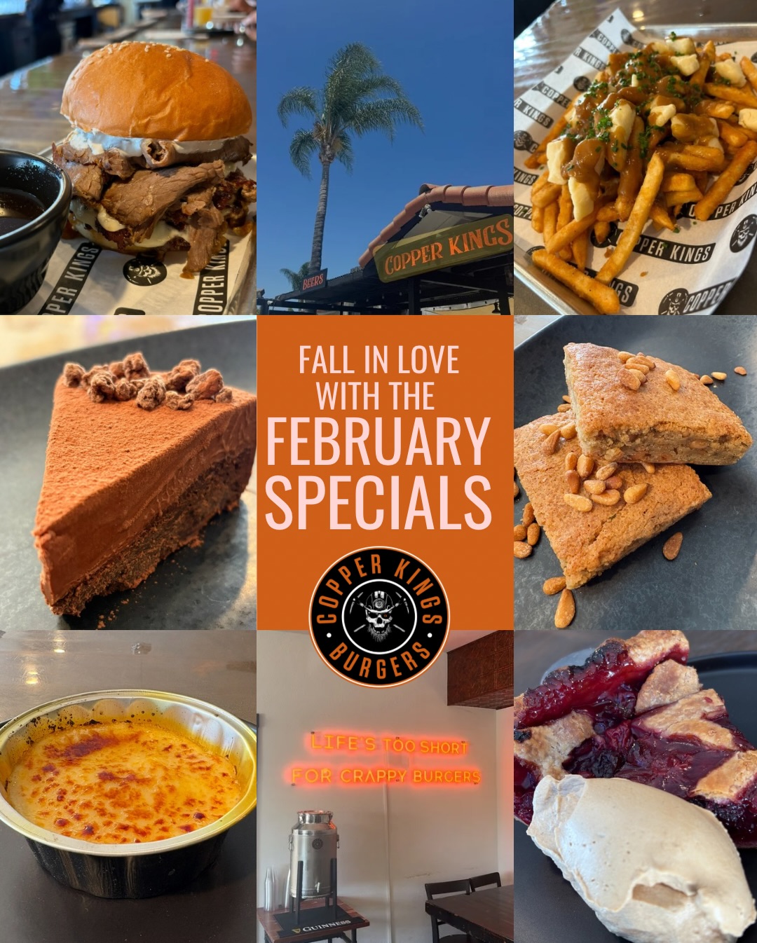February is here and she’s coming in HOT 🔥
New month = new specials, and this lineup is everything cozy, savory, and sweet. We know you'll LOVE it. Let’s get into it 💞
🍔 When I Dip, You Dip, We French Dip Burger
6oz house beef blend, 3oz shaved prime rib, provolone cheese, red wine-braised onions, and creamy horseradish sauce served on a house-baked Japanese milk bun. Served with a side of au jus.
🍟 Poutine on the Ritz
Crispy French fries topped with squeaky cheese curds and smothered in house-made beef gravy.
🍰 Sweet Stuff — Desserts of the Month
🥧 Damn Fine Cherry Pie
A slice of classic sour cherry pie in a butter pie crust served warm with chicory-coffee whipped cream.
🍫 Lisbon Earl Grey–Chocolate Cake
Fudgy flourless chocolate cake topped with Earl Grey–scented chocolate mousse and dusted with cocoa powder.
🍮 Crème de la Crema Catalana
Spain’s answer to crème brûlée! A delicate and creamy custard infused with citrus and cinnamon, topped with a thin layer of crisp burnt sugar.
🍪 Rosemary & Pine Nut Blondie
Rosemary scented blondie filled with toasted pine nuts.
February never tasted so good 🤍 Come hang, fall in loveee with the specials, and make this month a delicious one.
📍Copper Kings Burgers | North County, San Diego
.
.
.
.
.
.
#CopperKingsBurgers