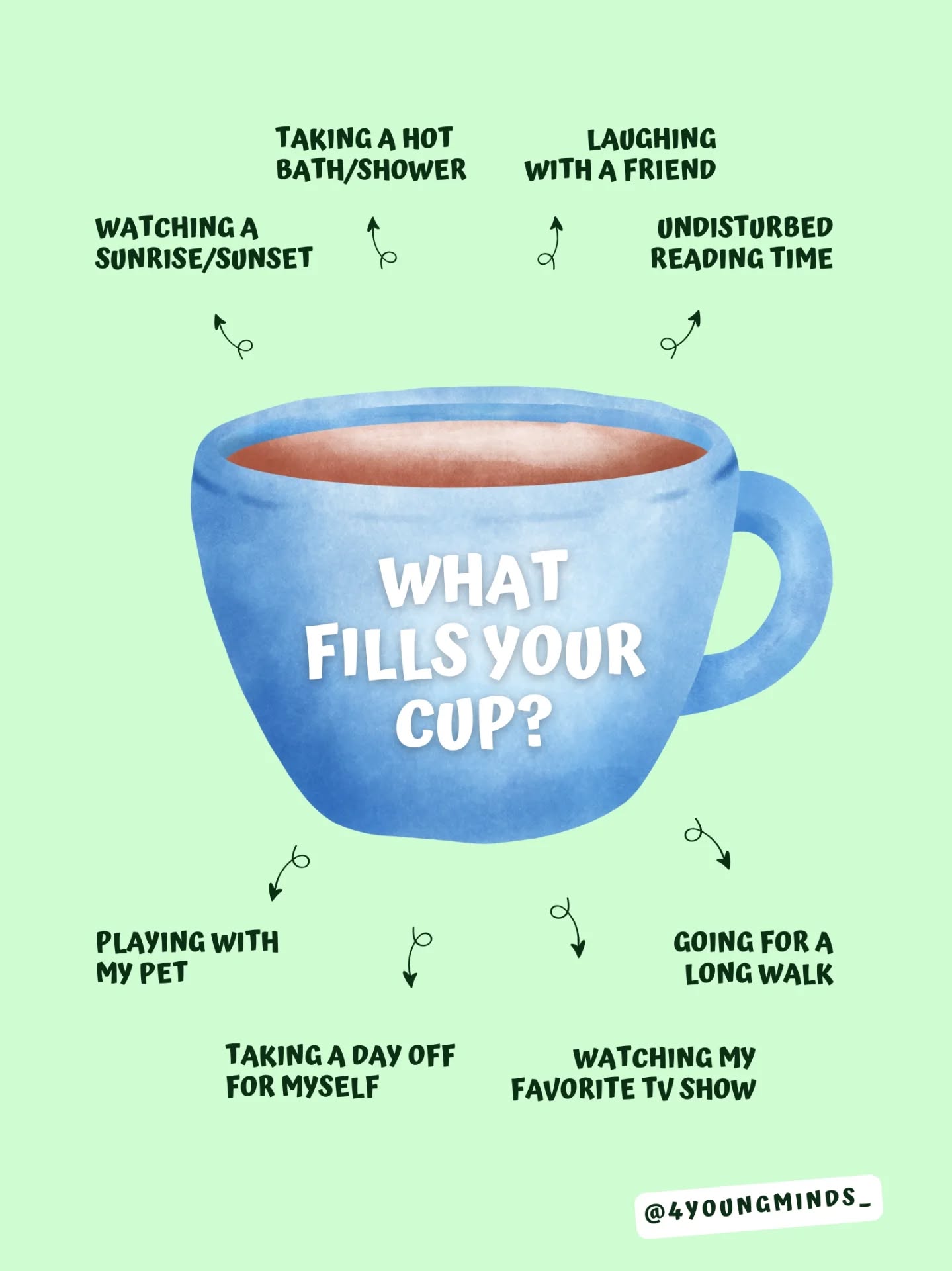 What fills your cup this weekend?
#4YoungMinds #weekendwellbeing #weekendvibes #MentalHealthForYoungPeople #mindovermatter