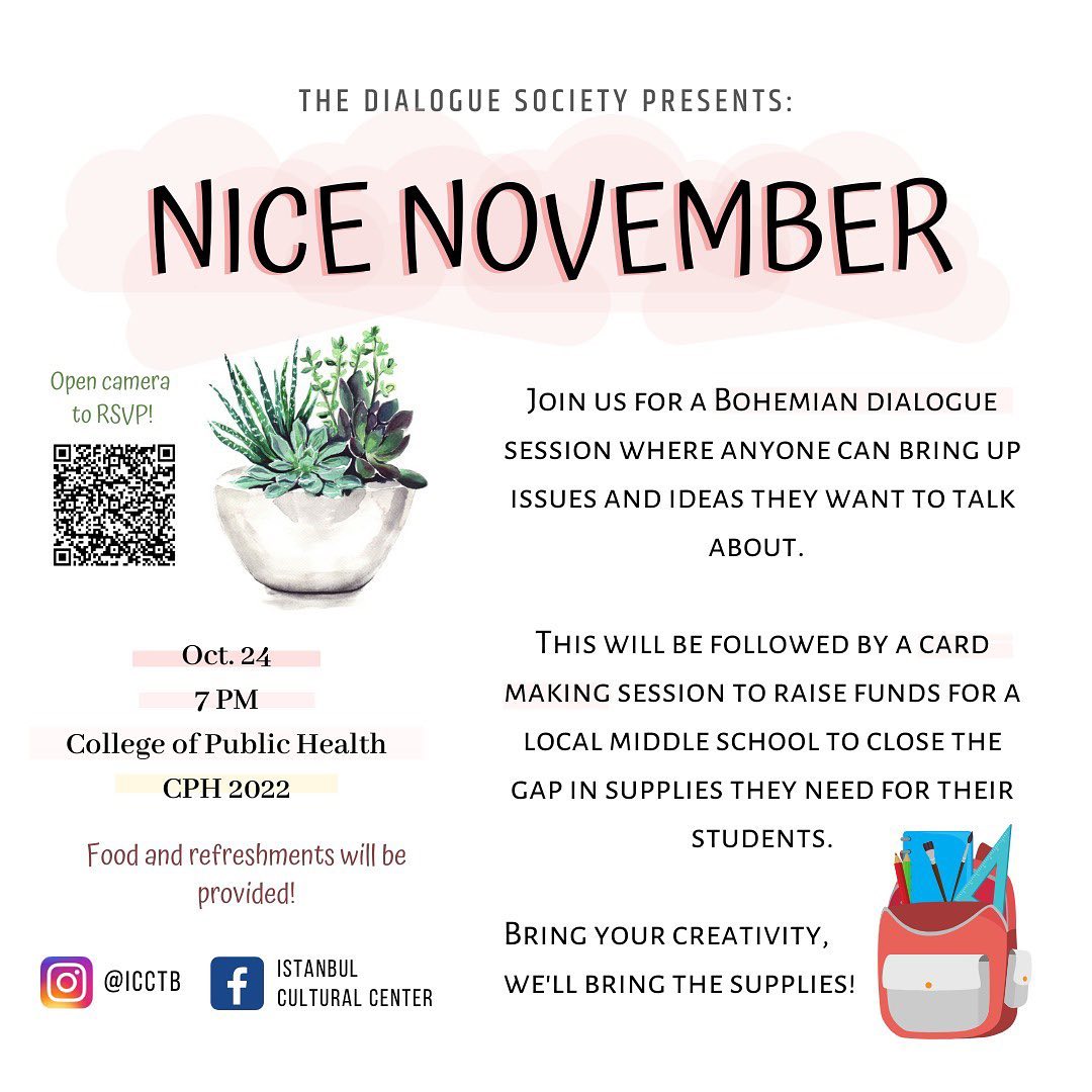 October is spooky, November is nice. We have a differently structured meeting this Thursday (10/24), and it should be fun! 🎃
We’ll be making cards to fundraise for two local middle schools who are in need of supplies for this school year. 💌
We’ll have a Bohmian** style dialogue where anyone can bring up ideas and issues they wanna have a conversation on while we’re making cards. Oh. And there’ll be food. 🥑
It should be an interesting session and we’re lookin forward to seeing you there! 🥳🎨