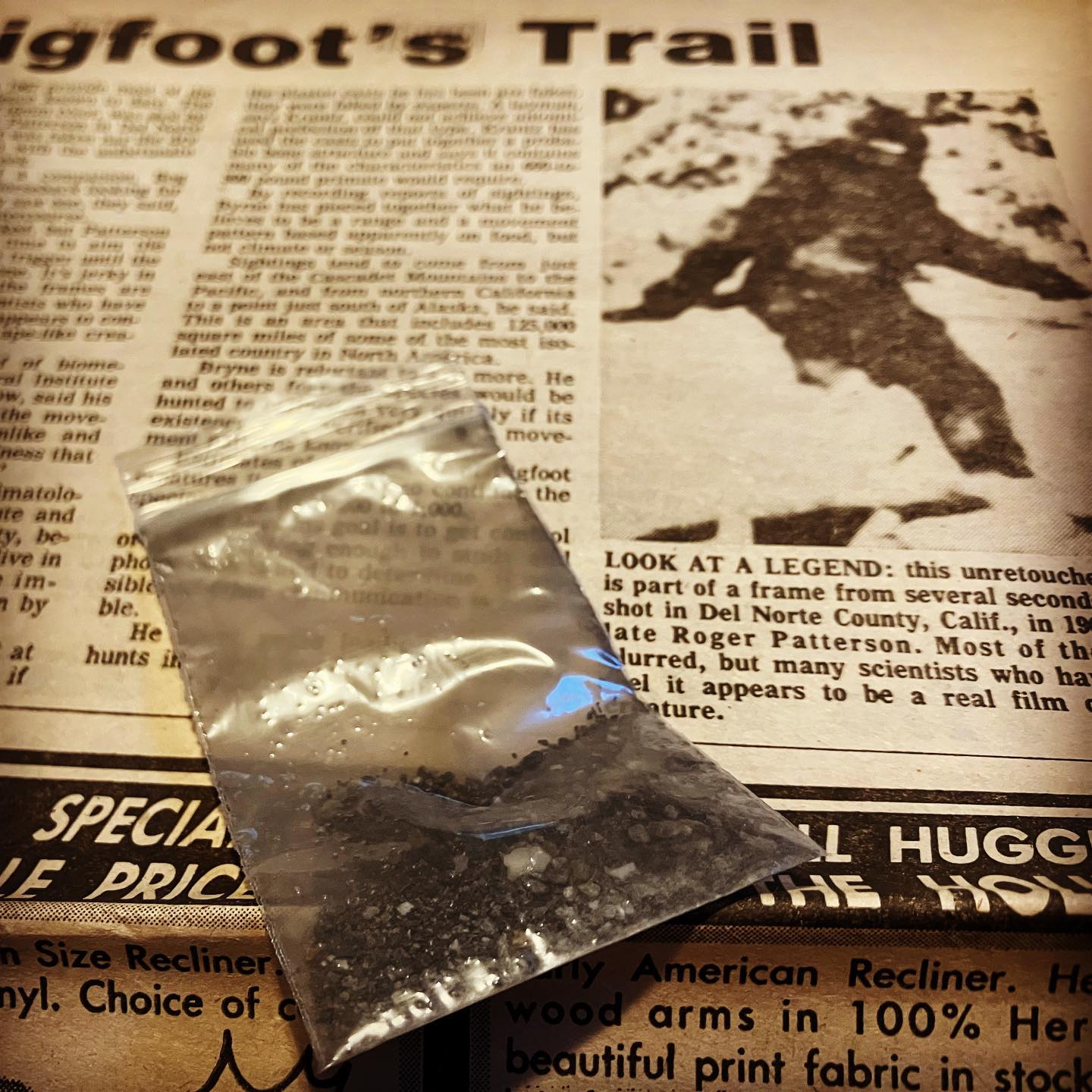 Fifty-five year’s ago today, on October 20, 1967, Roger Patterson and Bob Gimlin rode into Bluff Creek on horseback and allegedly filmed an adult female Sasquatch as she fled toward the woods. This bag contains sand/gravel/dirt collected from that site.