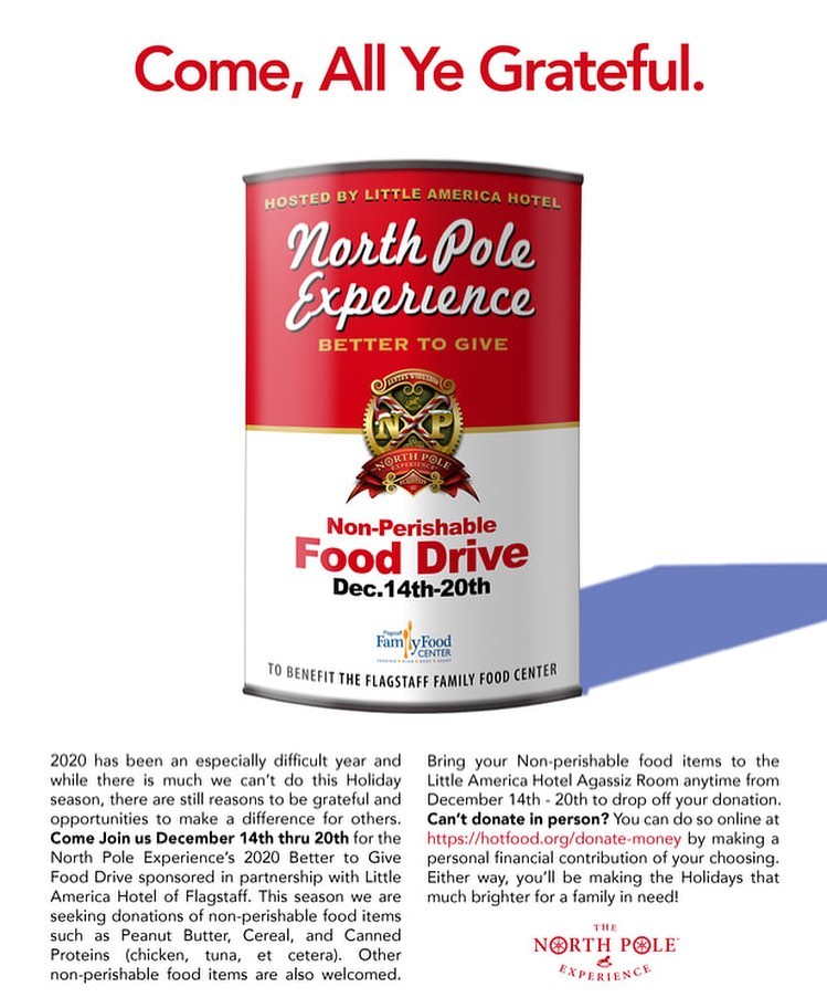 2020 has been a difficult year for everyone. It has changed many things and unfortunately created many more challenges for some members of the Flagstaff community.
Please consider joining The North Pole Experience and The Little America Hotel for our 2020 Better to Give Day event!
#moreblessedtogivethantoreceive #NPX
#Flagstaff
Link in Bio.