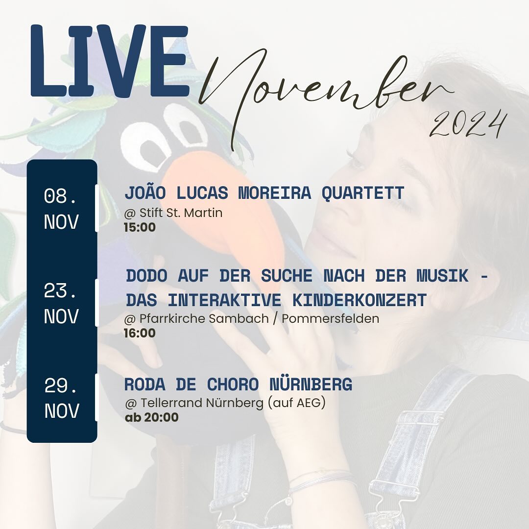 Es wird langsam etwas ruhiger hier, typisch Herbst- und Winterzeit… 🎶🍂Aber im November bin ich noch in 3 ganz wundervollen, ganz unterschiedlichen Projekten zu hören.
Jazz - Choro - Kinderkonzert!
Es lebe die Vielfalt!! 🎉
@joaolucasmoreira_music @ohrenspielerei @kinderkonzert.dodo @chorotuiuiu
#live #livemusic #musicianslife #choro #rodadechoro #chorotuiuiu #brazilianmusic #neuetermine #kalender #ohrenspielerei #kinderkonzertdodo #jazz #jazzquartet