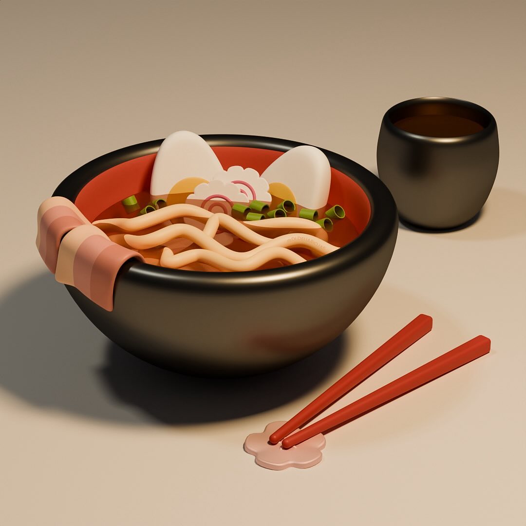 Día dos aprendiendo blender, disfruté mucho modelar este ramen 🍜 mi detalle favorito fue la base para palillos en forma de flor de sakura (me basé en una que yo tengo) 🌸
ラーメン