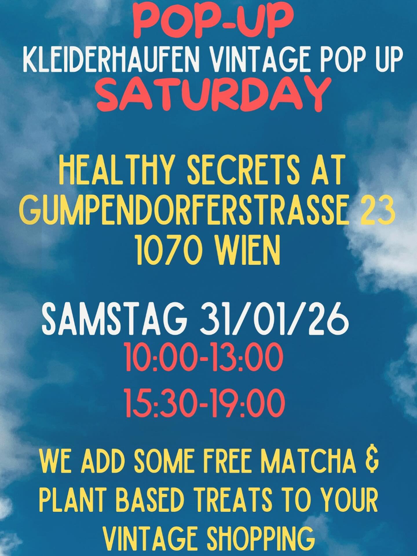 See you at Kleiderhaufen Vintage Pop-Up 🌟
10:00-13:00 & 15:30-19:00
Wir dürfen Samstag beim Kleiderhaufen Vintage Pop-Up dafür sorgen das ihr beim shoppen und stöbern mit matcha latte, vegan chai latte ice cream und noch mehr plant based treats versorgt bleibt! ✨✨
Gumpendorferstrasse 23 1070 Wien