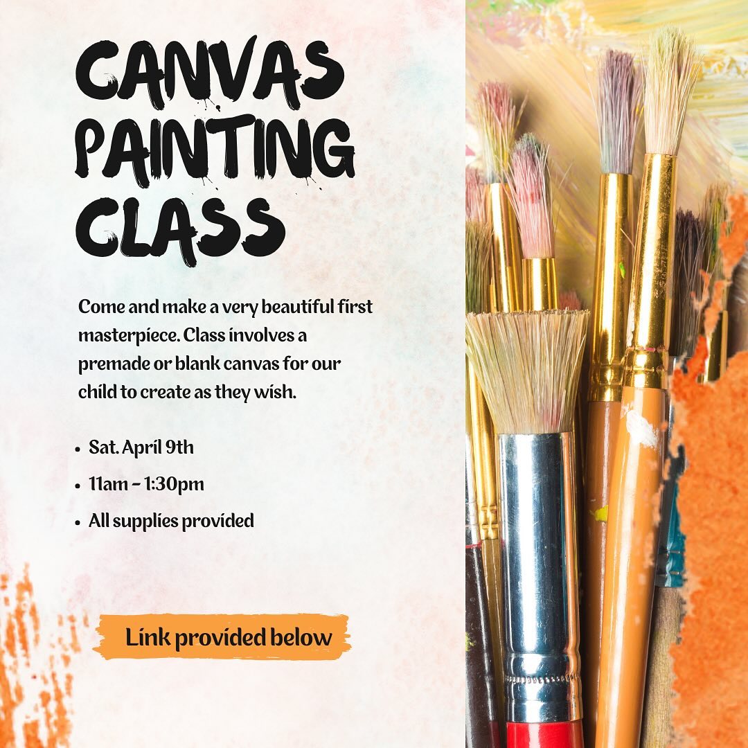 CANVAS ART CLASS! Above I have the date as APRIL 9th but class is MARCH 9th! Join us Saturday March 9th from 11am-1:30pm for a day of canvas art painting. In this 2.5 hour class your child will create their very own framable canvas art. They can choose a pre designed canvas to paint or create their very own from scratch. All supplies are included. Class will also involve playground time and of course a bit of fun with our donkeys! This class is for ages 5 and up and the cost is 38$ per child.
Comment Canvas Art below for a direct link.