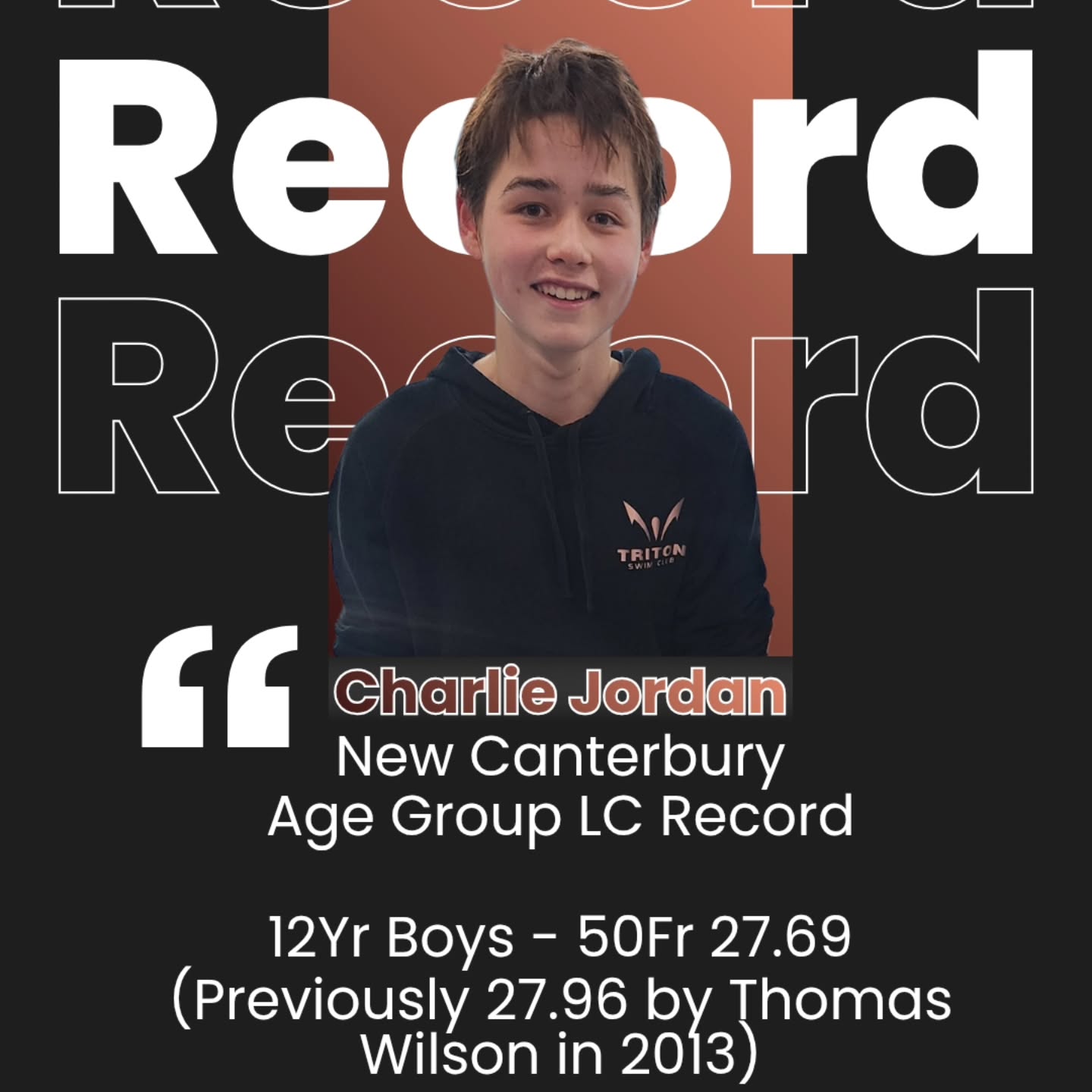 Charlie Jordan broke the 50m Freestyle Canterbury Long Course 12Yr Old Age Group record at the 2026 SCWC LC Championships!