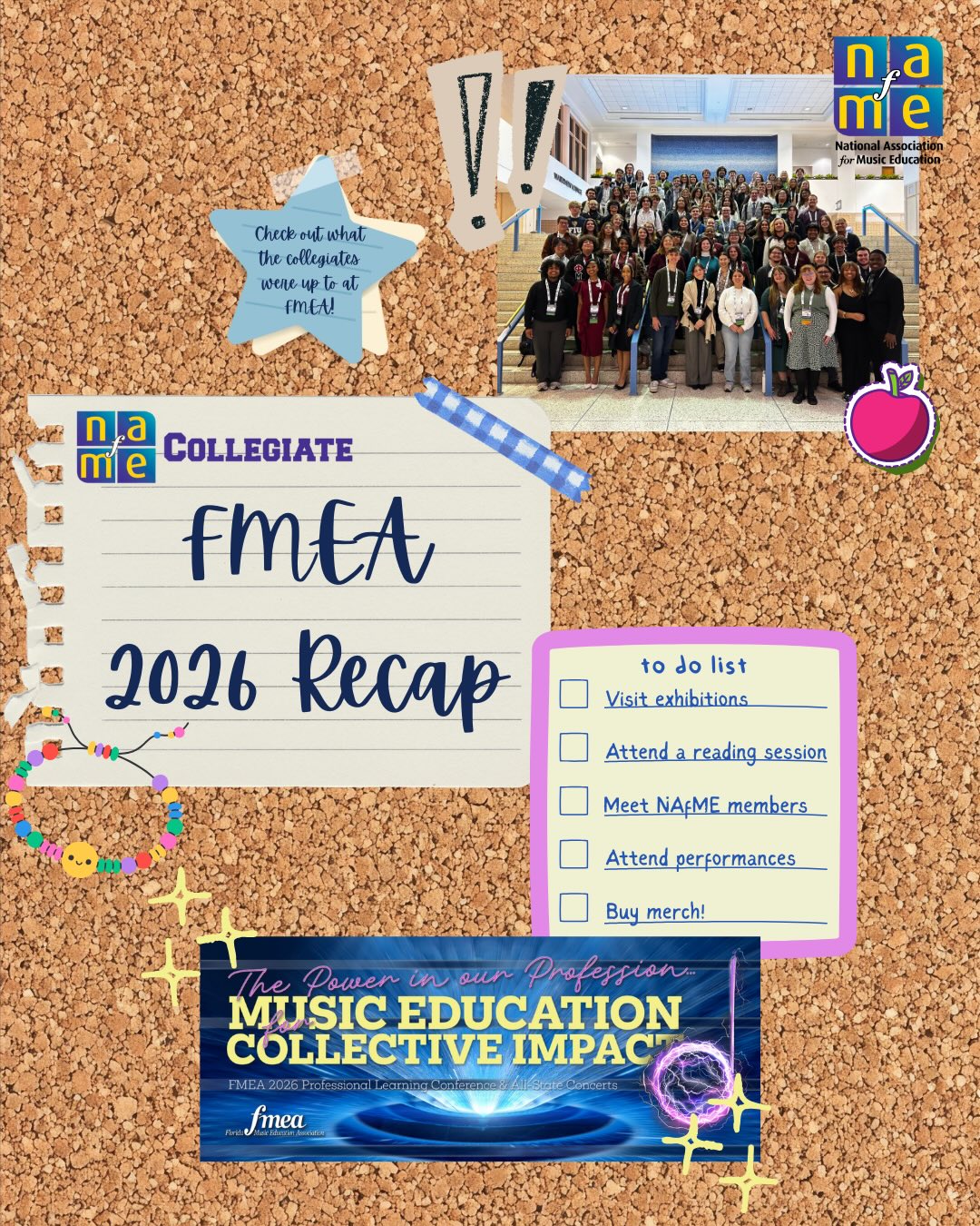 This month, FL NAfME Collegiate traveled to Tampa for another fantastic FMEA Professional Learning Conference. There are approximately 20 active NAfME Collegiate chapters in Florida consisting of over 550 members!
Comment your favorite memory from FMEA 2026!
Thank you to those who shared images of their 2026 FMEA Conference experience. We’re looking forward to seeing the activity of ALL our chapters throughout the year!