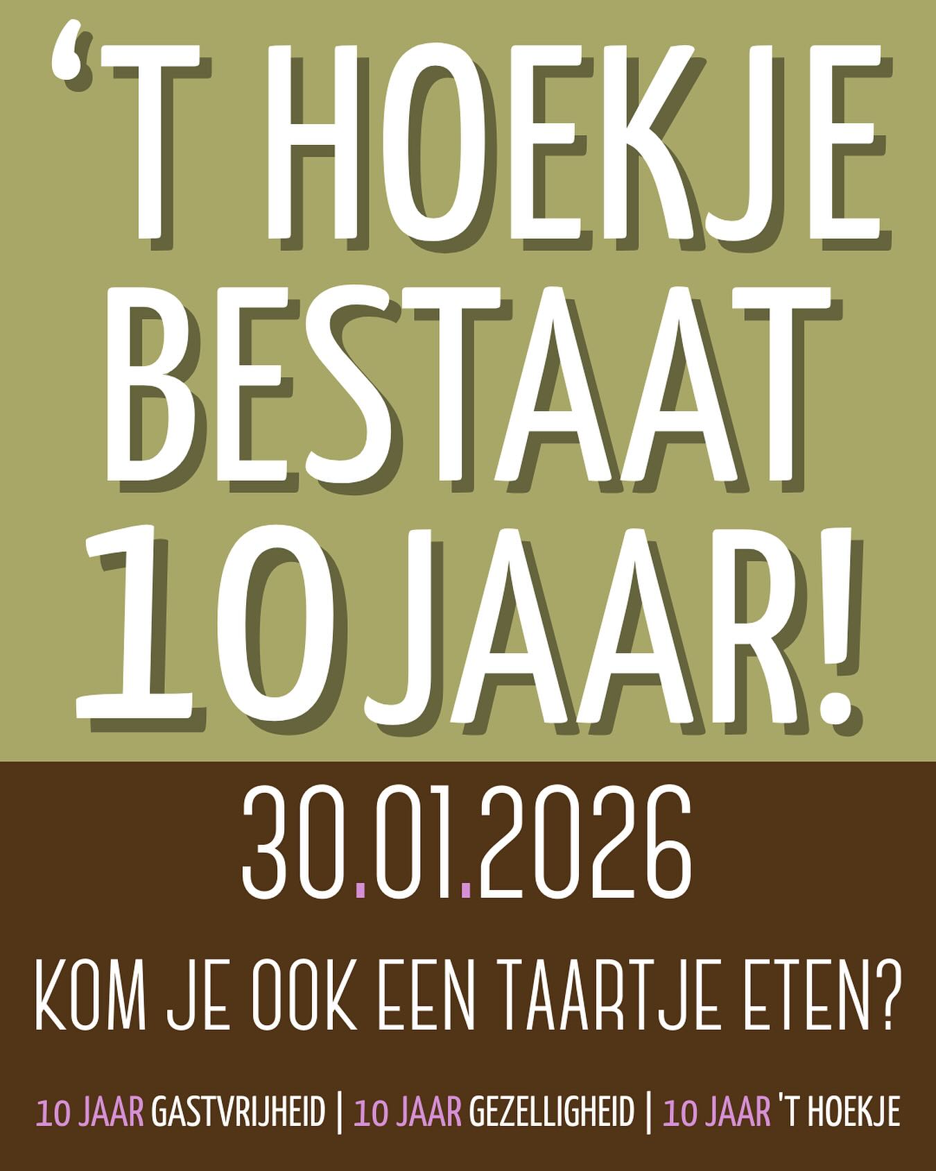 Vandaag bestaat ‘T Hoekje 10 jaar! Dit willen we graag met jullie vieren, kom gezellig langs voor een taartje of onze jubileum actie🥳🥳 We kijken er naar uit om jullie te ontvangen🤍 tot snel!