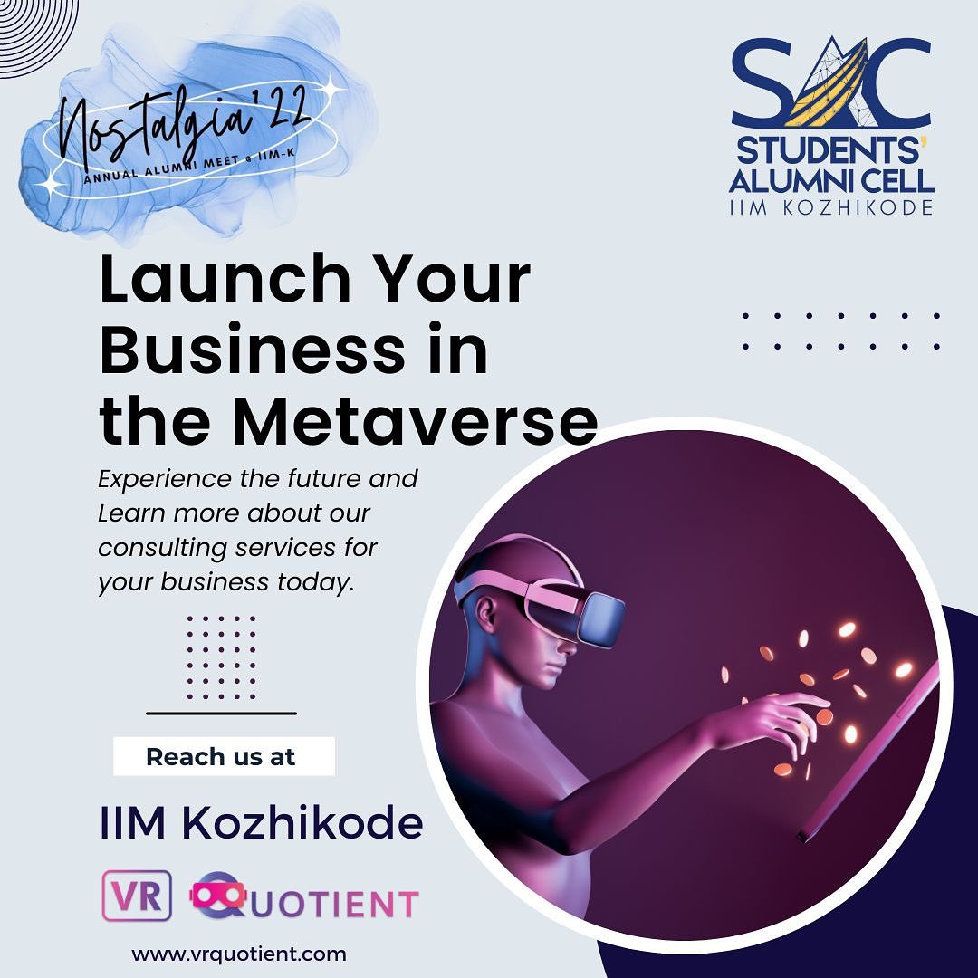 Experience the future with us at IIM Kozhikode. Enter the Metaverse !
Follow us,
@hyperquotient
@vrquotient
Visit our website and Learn more about us. Link in bio.
#iim #iimkozhikode
#metaverse #virtualreality #augmentedreality #nft #vr #xr #ar #vrquotient #hyperquotient #xrrealtors #crypto #virtualworld #bangalore #ksum #startups #consultancyservices #vrarcade #virtualstore #avatars