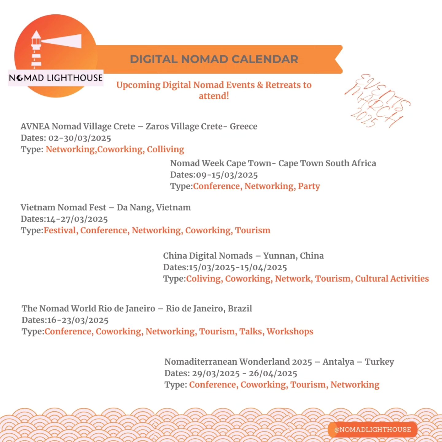 🌍✨ A bit late, but still on time :) Calling all Digital Nomads! ✨🌍
Get ready to level up your remote work game! 🚀 We're bringing you a roundup of the top Digital Nomad Events happening around the world this March 2025. 🌐 Whether you're looking to network, learn, or just explore new destinations, we've got you covered. 📅✈️
Check out our latest post for all the details on these amazing events, and don't miss the chance to connect with like-minded travelers and entrepreneurs. 🌟
Where will your remote journey take you this March? 🌏 Drop a comment and let us know! ⬇️
#DigitalNomads #RemoteWork #NomadLife #NomadCommunity #WorkFromAnywhere #DigitalNomadEvents #March2025 #RemoteWorkLife #GlobalNomads #TravelAndWork #WorkAndTravel #DigitalNomadLifestyle #NomadAdventures #NomadNetworking #WorkRemotely #LocationIndependent #NomadWorkshops #EventsForNomads #WorkOnTheGo #ExploreTheWorld #RemoteWorkOpportunities
AVNEA Nomad Village Crete – Zaros Village Crete- Greece
https://www.avnea.com/
Nomad Week Cape Town- Cape Town South Africa
https://nomadweek.co/
Vietnam Nomad Fest – Da Nang, Vietnam
https://vietnamnomadfest.com/
China Digital Nomads – Yunnan, China
https://chinadigitalnomads.com/
The Nomad World Rio de Janeiro – Rio de Janeiro, Brazil
https://thenomadworld.org/
Nomaditerranean Wonderland 2025 – Antalya – Turkey
https://nomadsinwonderlands.com/